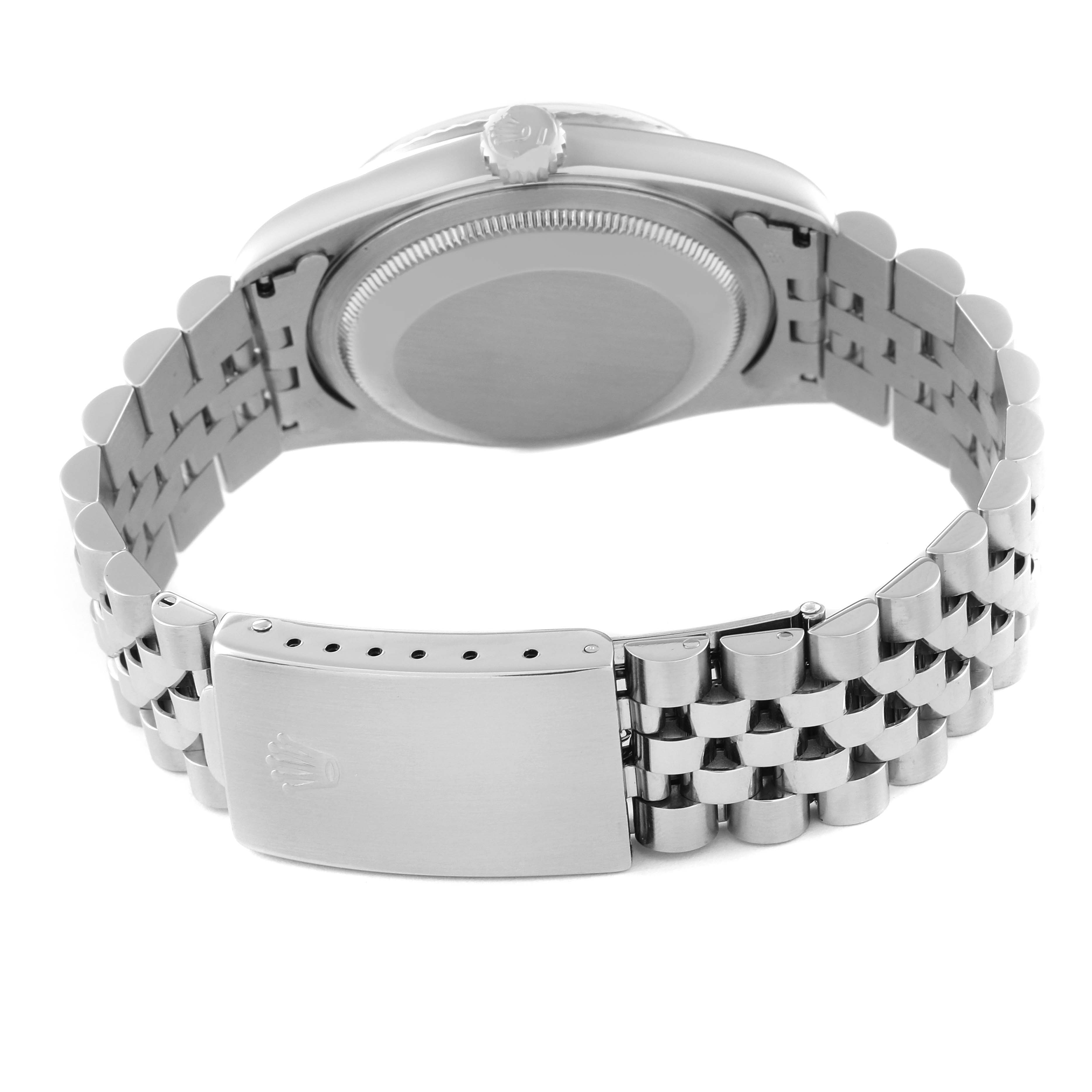 The image shows the back of a Rolex Datejust 16234 Men's Stainless Steel Blue Dial 16234 Men's Stainless Steel Blue Dial watch, highlighting its clasp, bracelet, and case back.