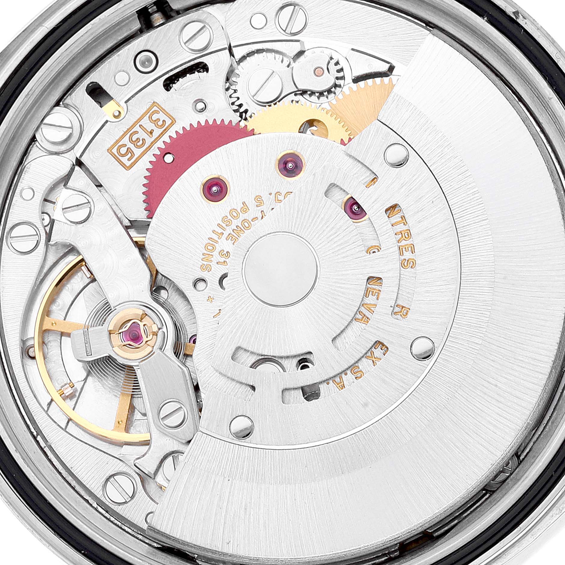 This image shows a close-up view of the intricate internal movement of a Rolex Datejust 16234 Men's Stainless Steel Blue Dial 16234 Men's Stainless Steel Blue Dial watch.