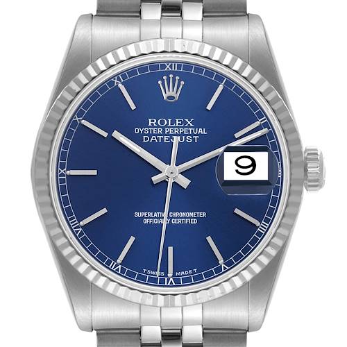 Photo of Rolex Datejust Steel White Gold Fluted Bezel Blue Dial Mens Watch 16234