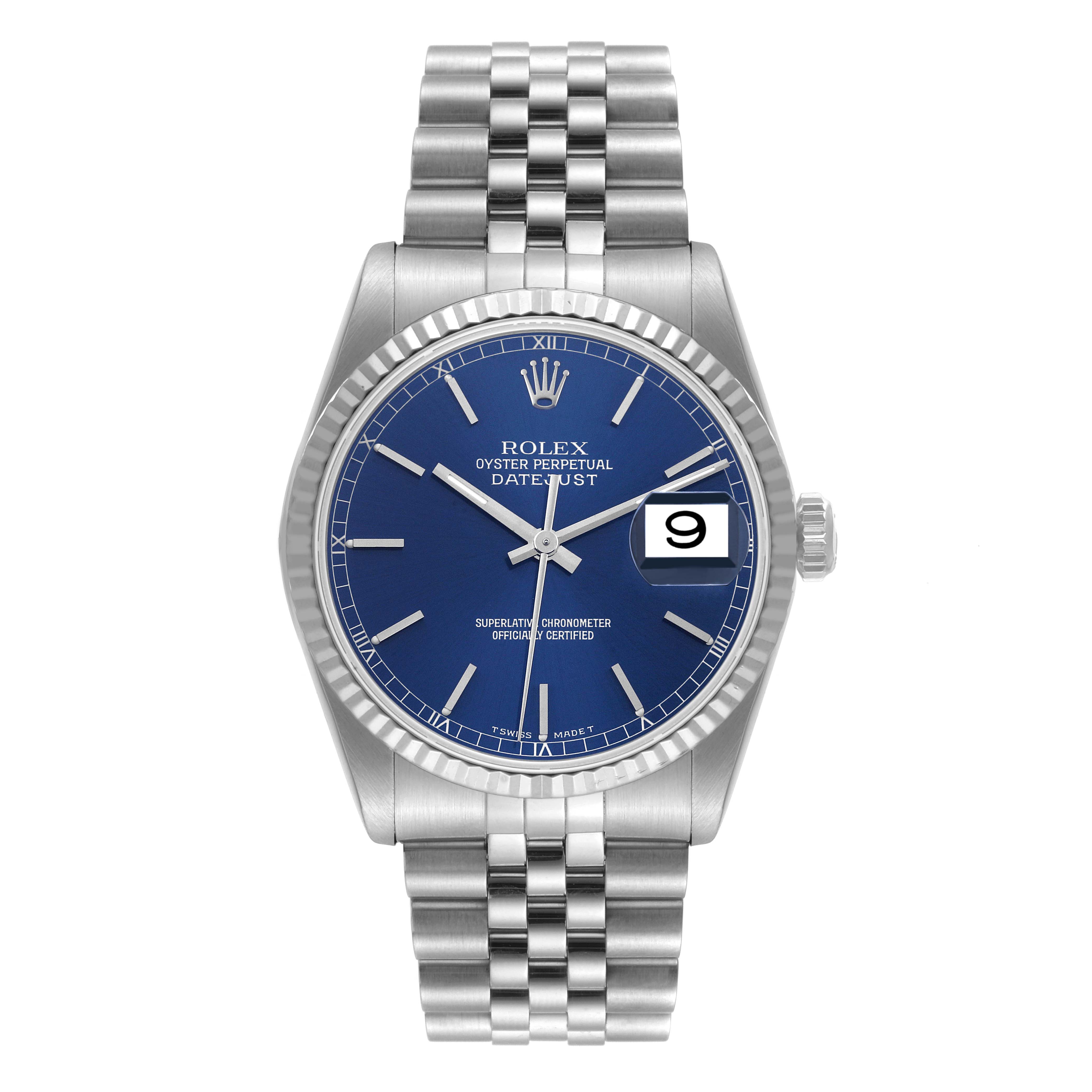 This image shows a front view of a Rolex Datejust 16234 Men's Stainless Steel Blue Dial 16234 Men's Stainless Steel Blue Dial watch, highlighting its blue dial, date window, and stainless steel bracelet.