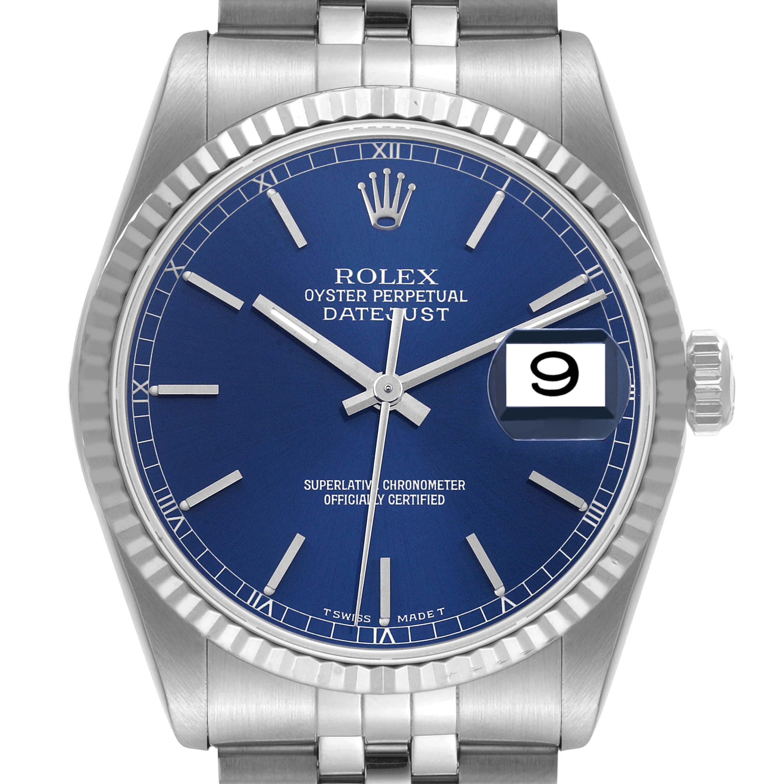The image shows a front view of a Rolex Datejust 16234 Men's Stainless Steel Blue Dial 16234 Men's Stainless Steel Blue Dial watch, highlighting its blue dial, date display, and stainless steel case and bracelet.