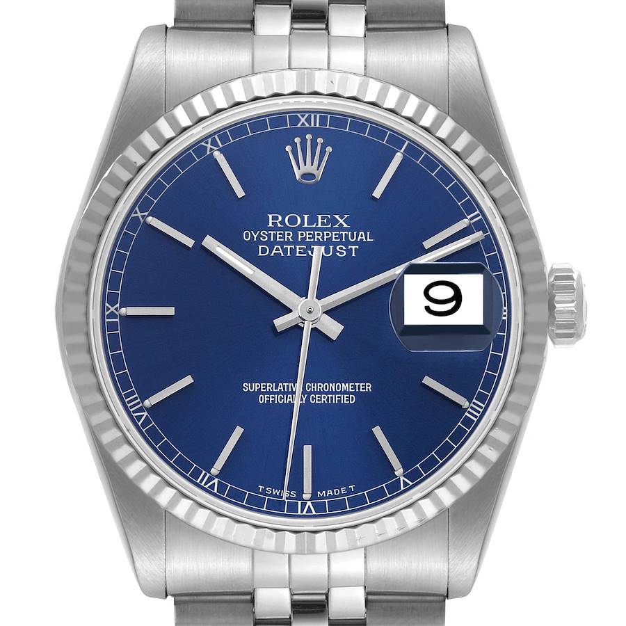 Rolex Datejust Steel White Gold Fluted Bezel Blue Dial Mens Watch 16234 SwissWatchExpo