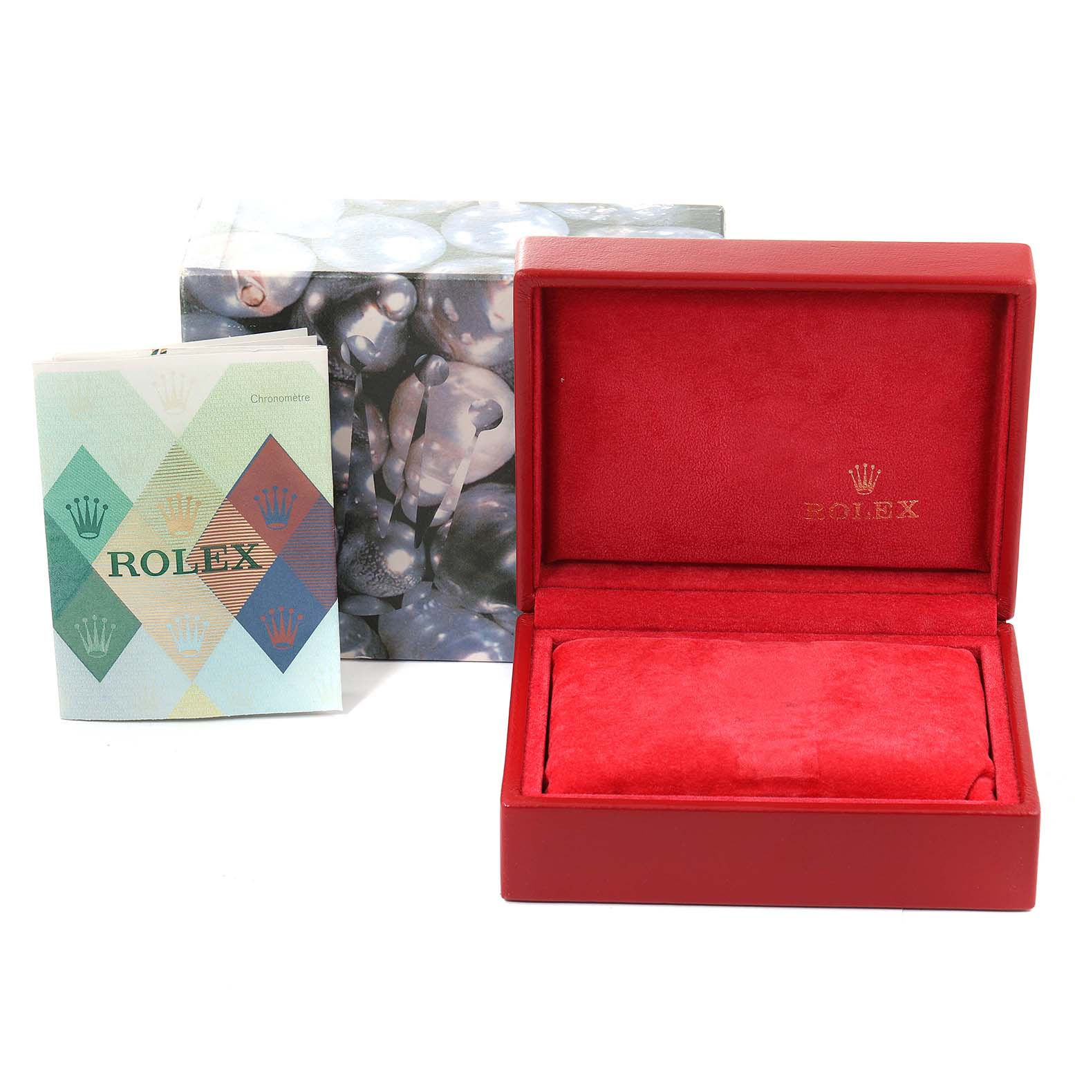 This image shows a Rolex Datejust 179174 Women
s Stainless Steel Mother of Pearl Dial 179174 Women
s Stainless Steel Mother of Pearl Dial watch box, its outer packaging, and a Rolex brochure from a front angle.