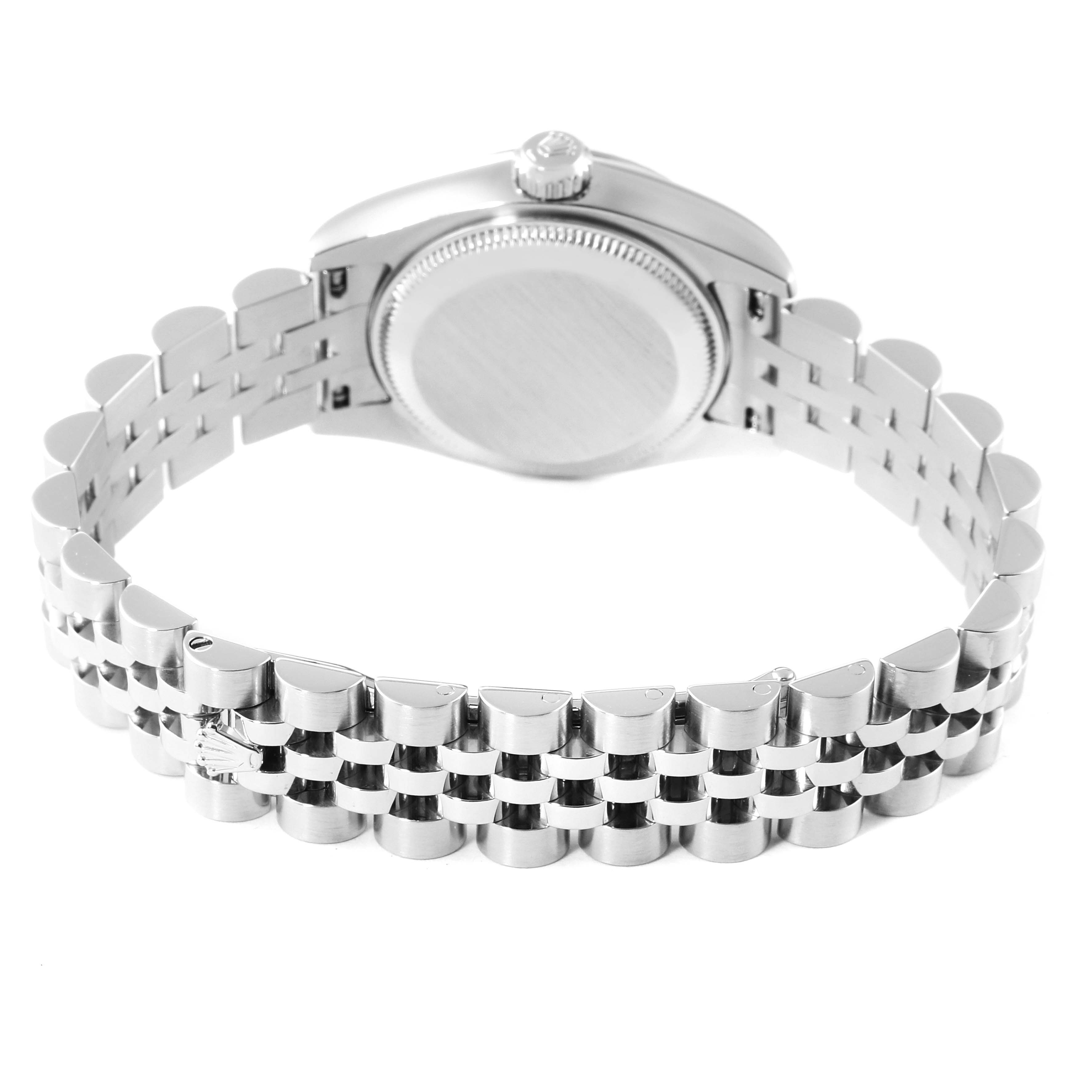 The image shows the back view of a Rolex Datejust 179174 Women
s Stainless Steel Mother of Pearl Dial 179174 Women
s Stainless Steel Mother of Pearl Dial model watch, highlighting the watch case and jubilee bracelet.