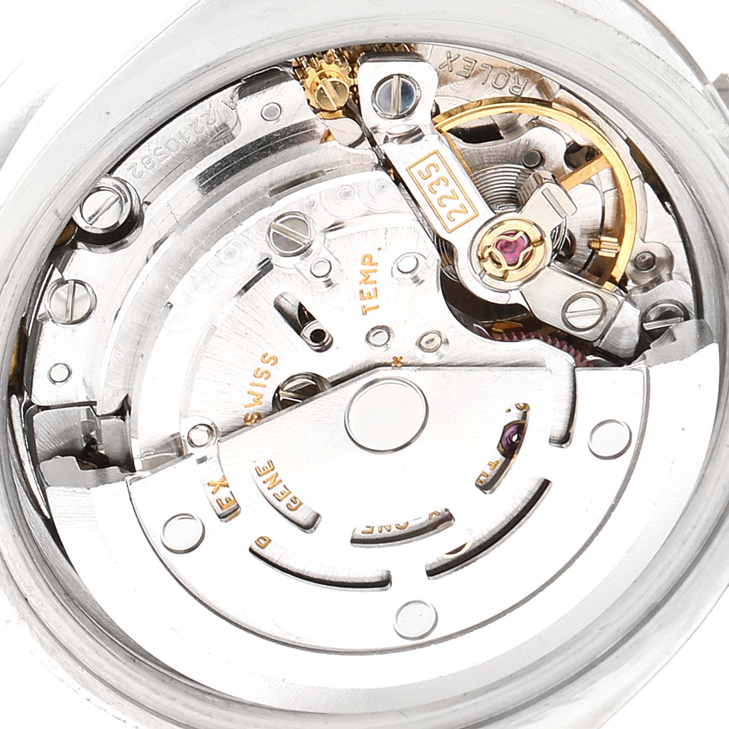 The image shows a close-up view of the internal mechanism of a Rolex Datejust 179174 Women
s Stainless Steel Mother of Pearl Dial 179174 Women
s Stainless Steel Mother of Pearl Dial watch, focusing on the movement components.