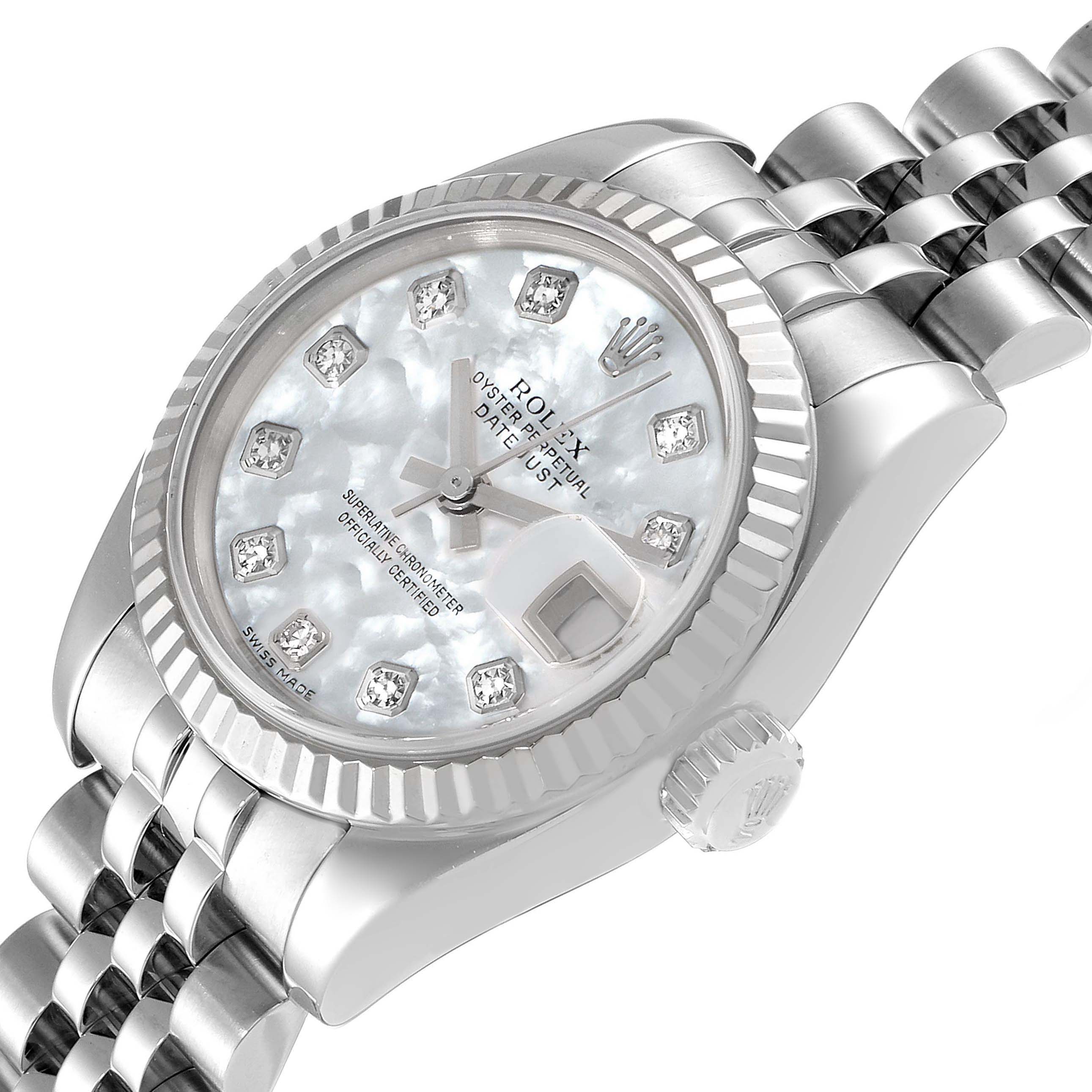 The image shows a close-up, angled view of a Rolex Datejust 179174 Women
s Stainless Steel Mother of Pearl Dial 179174 Women
s Stainless Steel Mother of Pearl Dial watch, highlighting its dial, bezel, crown, and part of the bracelet.