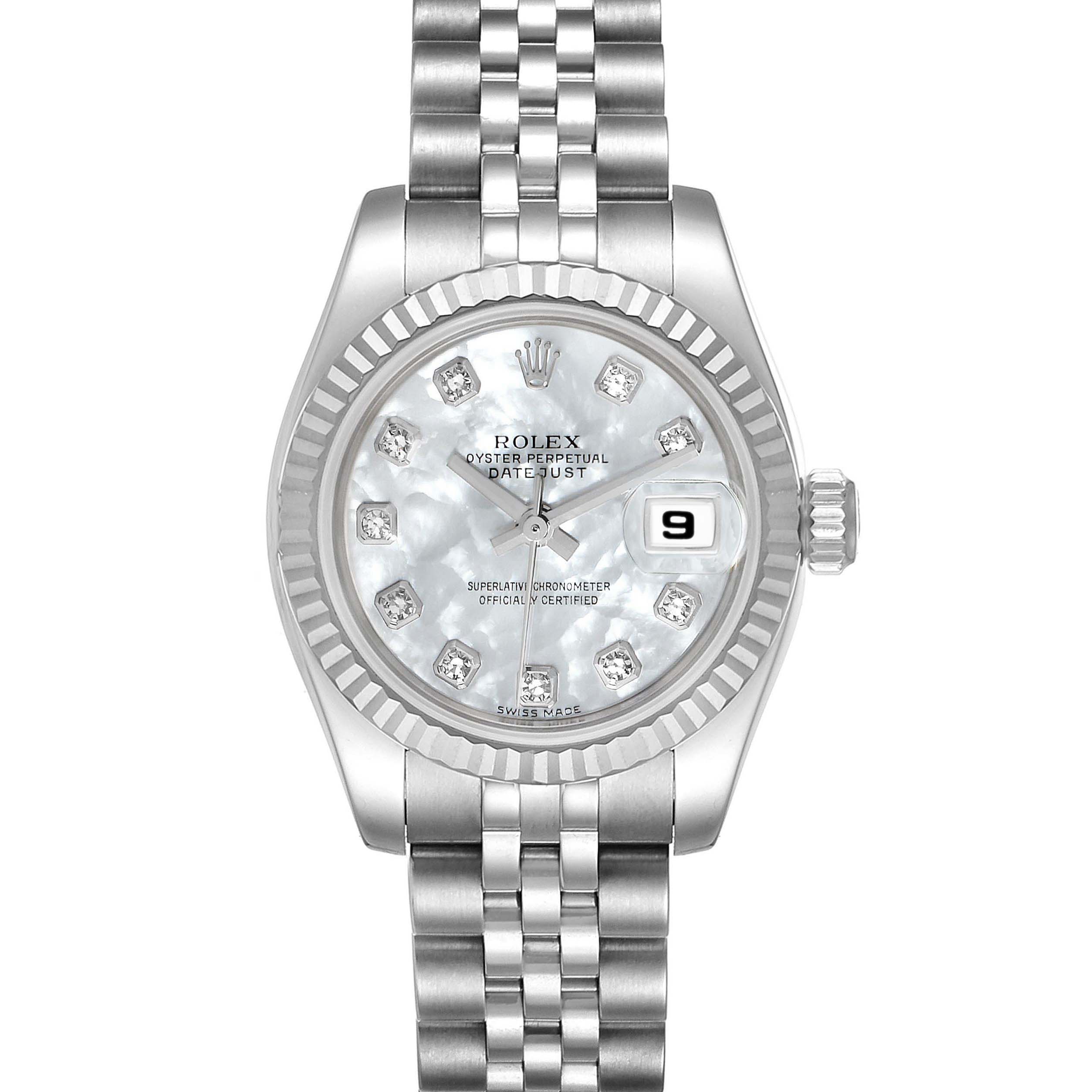 The image shows a front view of a Rolex Datejust 179174 Women
s Stainless Steel Mother of Pearl Dial 179174 Women
s Stainless Steel Mother of Pearl Dial watch, displaying its face, bezel, dial, and part of the bracelet.