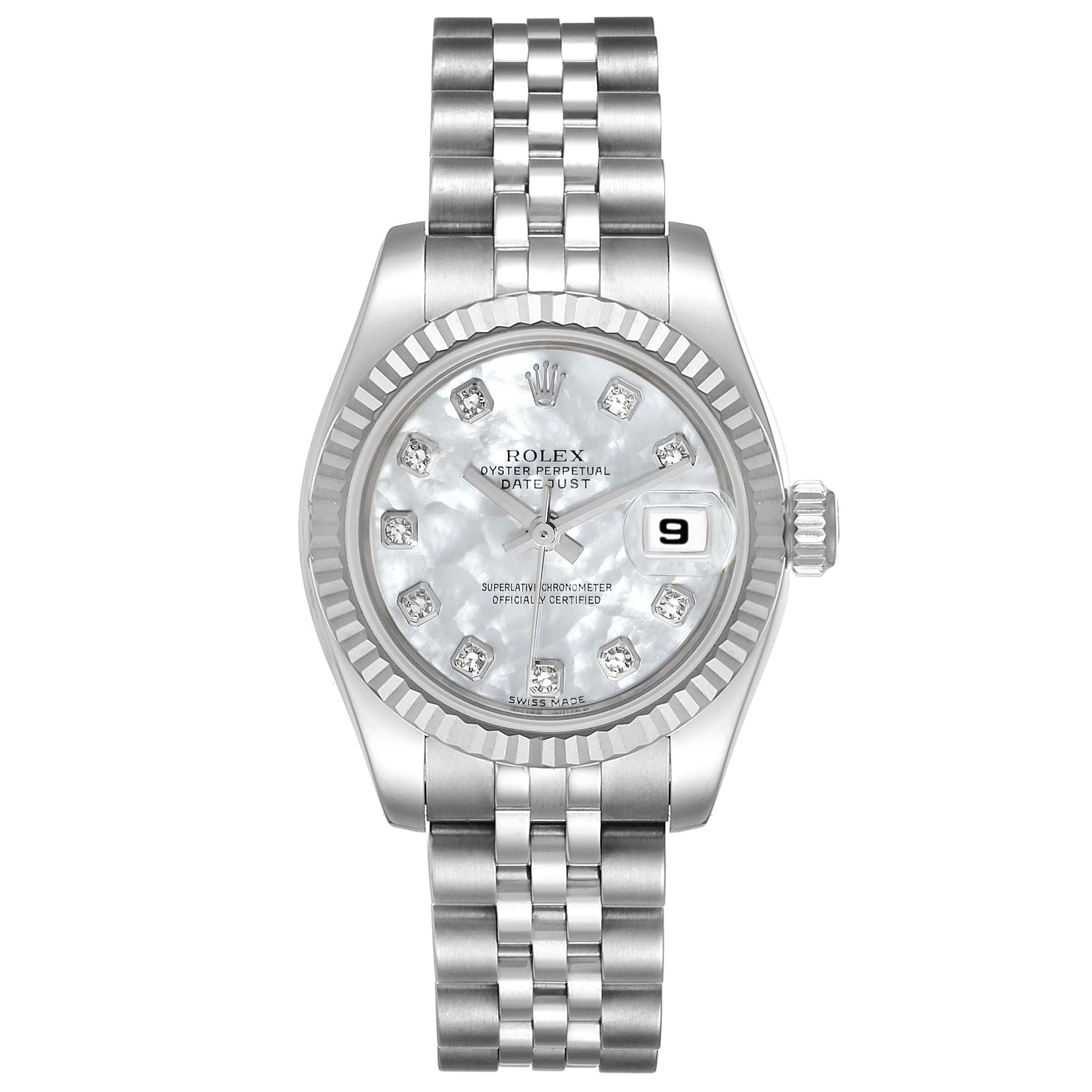 The image shows a front view of a Rolex Datejust 179174 Women
s Stainless Steel Mother of Pearl Dial 179174 Women
s Stainless Steel Mother of Pearl Dial watch, including the bracelet, dial, and bezel.
