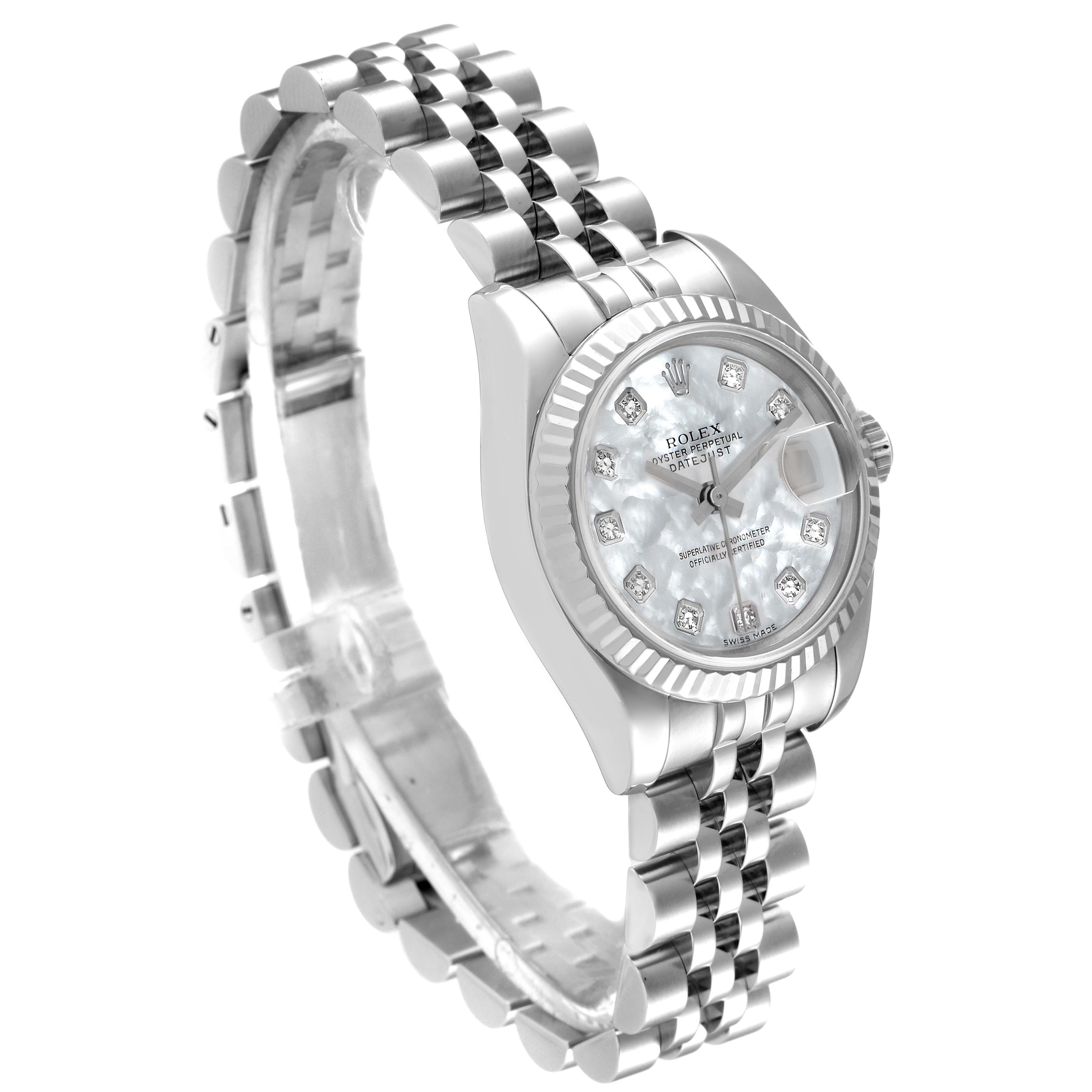 This image shows a Rolex Datejust 179174 Women
s Stainless Steel Mother of Pearl Dial 179174 Women
s Stainless Steel Mother of Pearl Dial watch at a three-quarter angle, highlighting the bracelet, case, and dial.