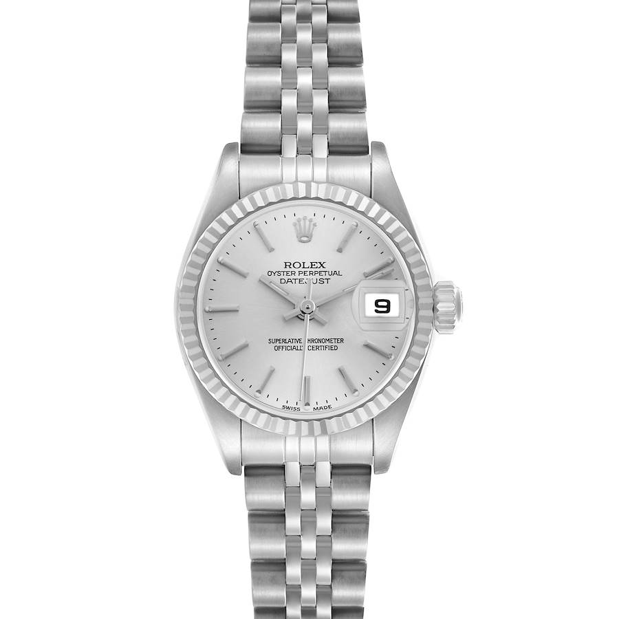 The Rolex Datejust watch is shown from a front view, displaying the dial, bezel, bracelet, and date window.