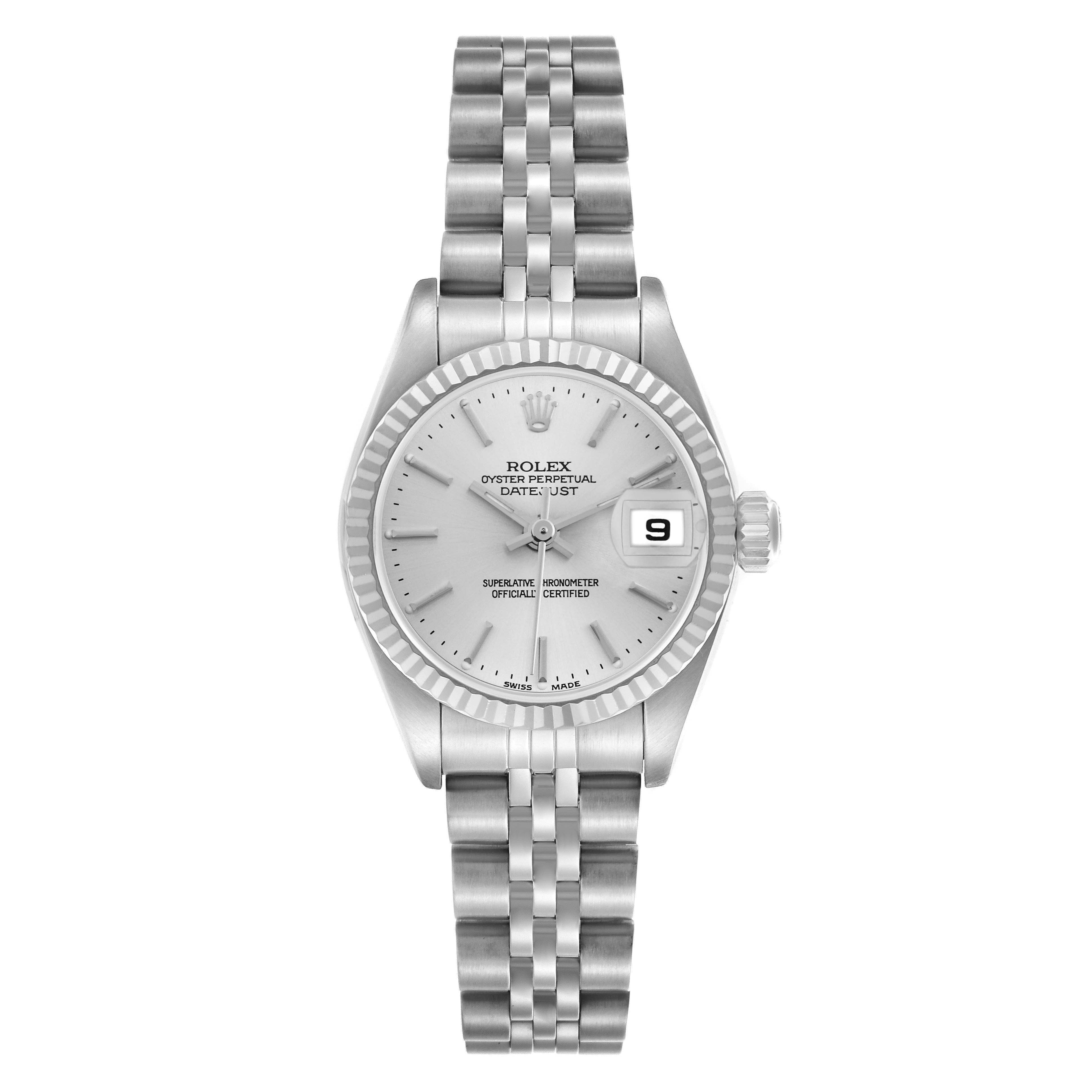 The Rolex Datejust 79174 Women
s Stainless Steel Silver Dial 79174 Women
s Stainless Steel Silver Dial watch is shown from the front, displaying the face, bracelet, bezel, and date window.
