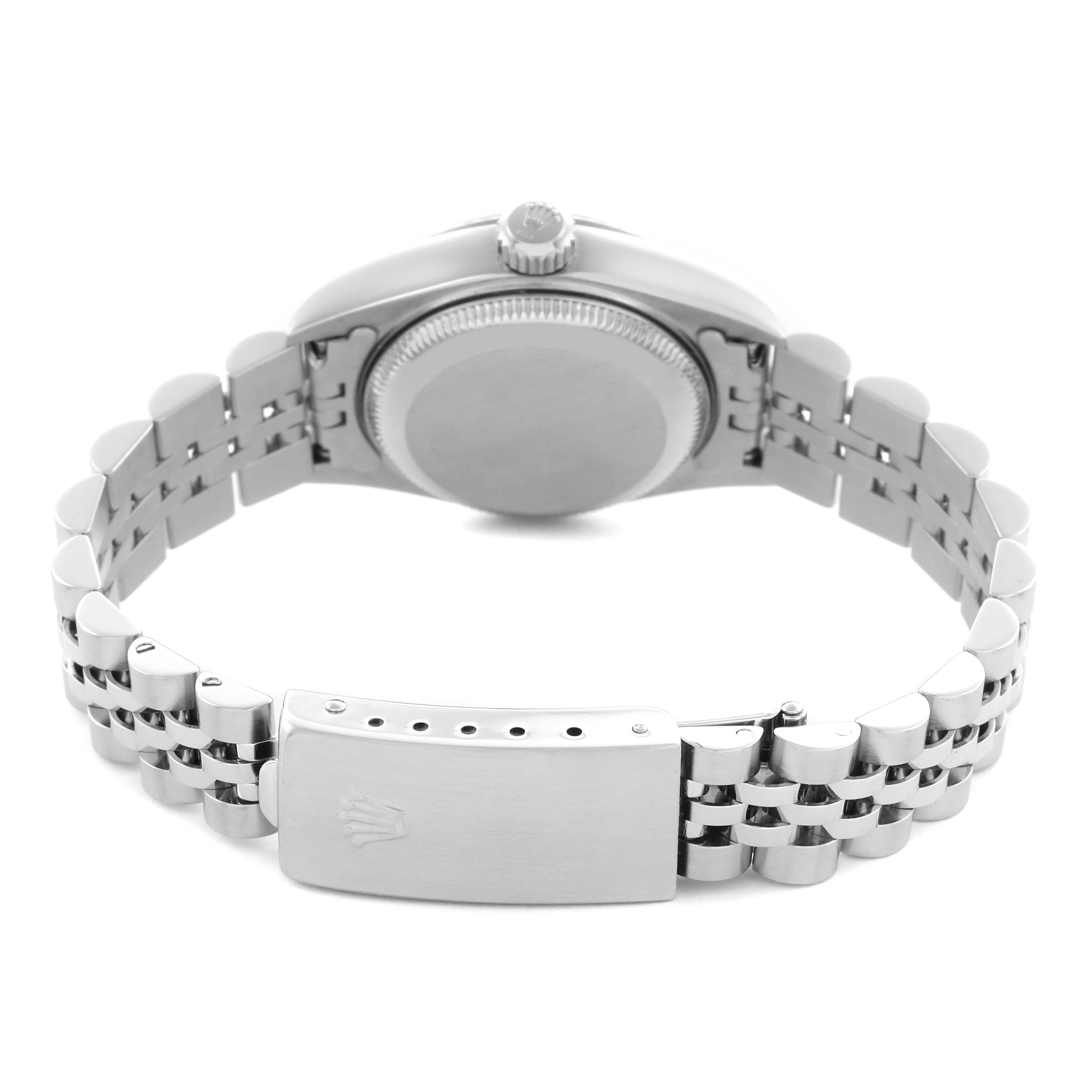 The image shows the back of a Rolex Datejust 79174 Women
s Stainless Steel Silver Dial 79174 Women
s Stainless Steel Silver Dial watch, highlighting the case back, crown, and Jubilee bracelet with clasp.