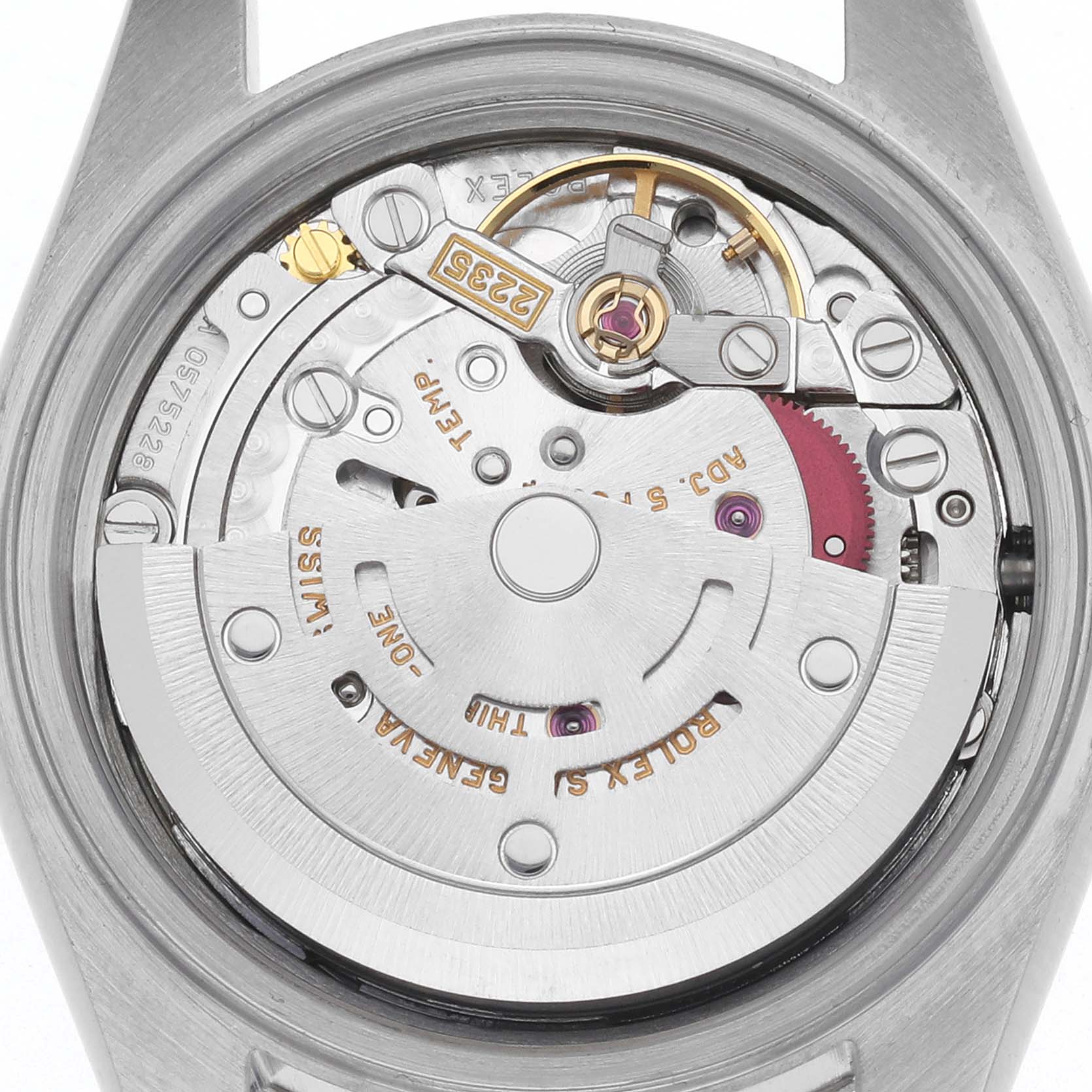 The image shows the Rolex Datejust 79174 Women
s Stainless Steel Silver Dial 79174 Women
s Stainless Steel Silver Dial watch movement from a back angle, highlighting the rotor and mechanical components.
