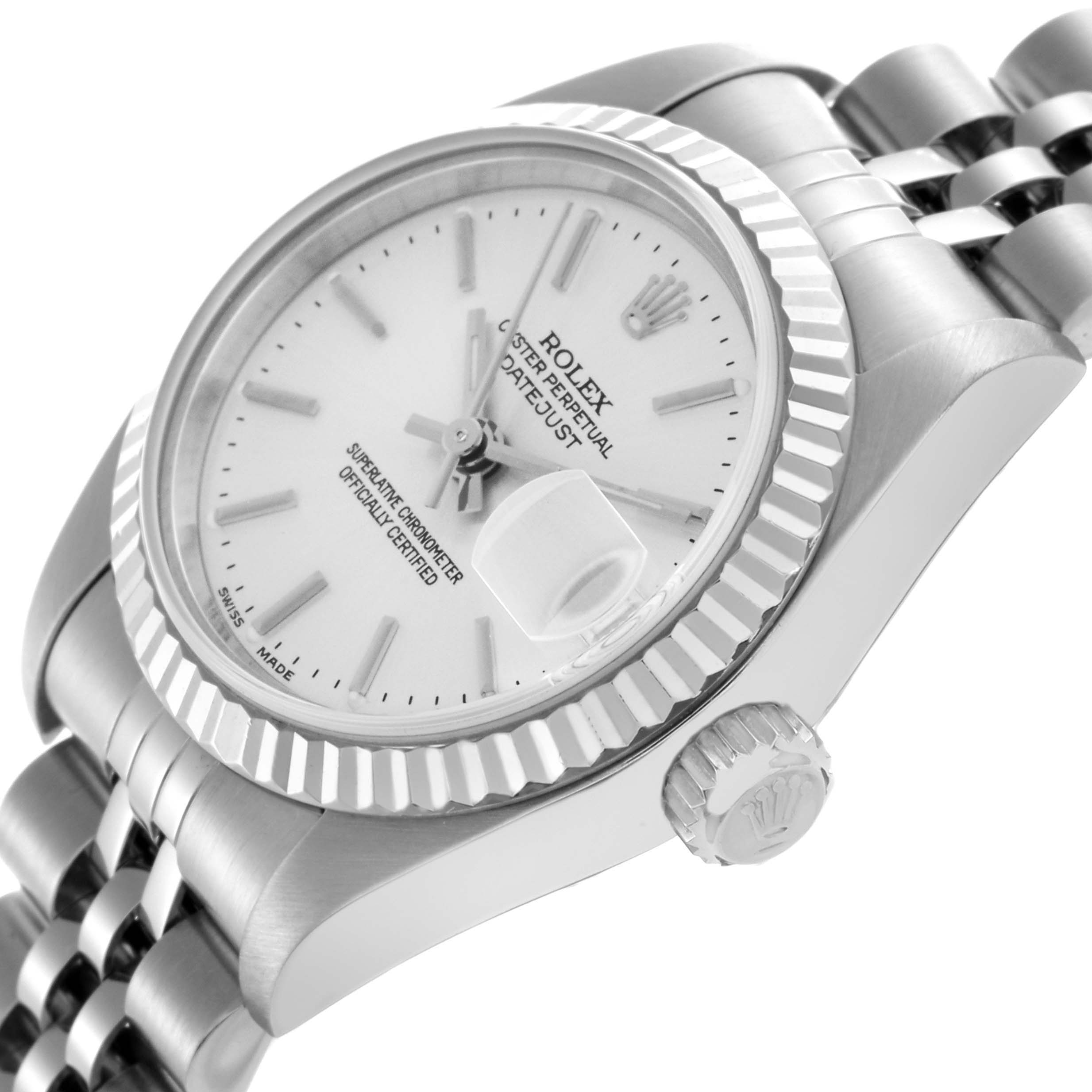 The Rolex Datejust 79174 Women
s Stainless Steel Silver Dial 79174 Women
s Stainless Steel Silver Dial watch is shown at an angled side view, highlighting the bezel, crown, bracelet, and dial.