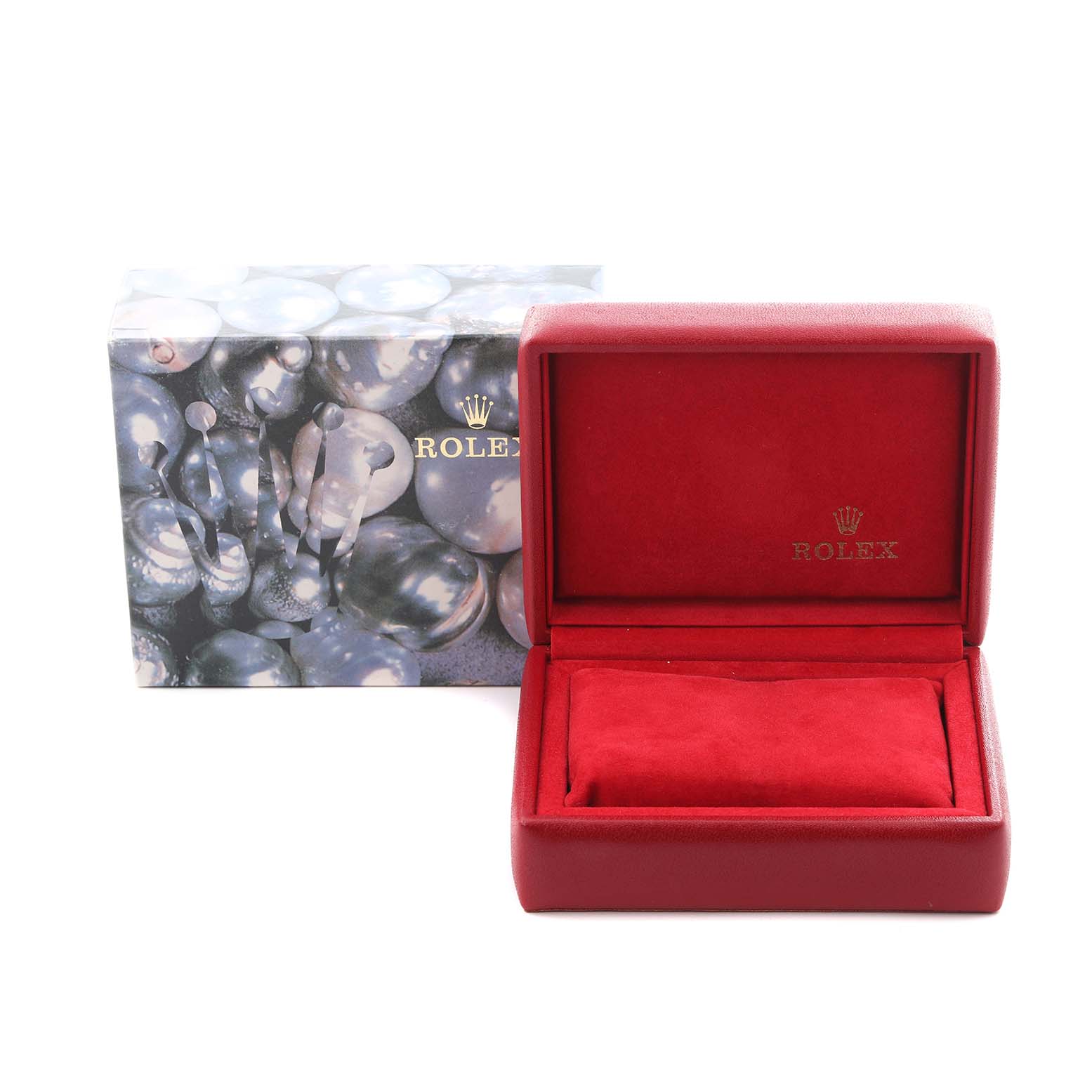 The image shows a Rolex Datejust 79174 Women
s Stainless Steel Silver Dial 79174 Women
s Stainless Steel Silver Dial box and case at a front angle, featuring a red interior and a pearl-themed outer box.