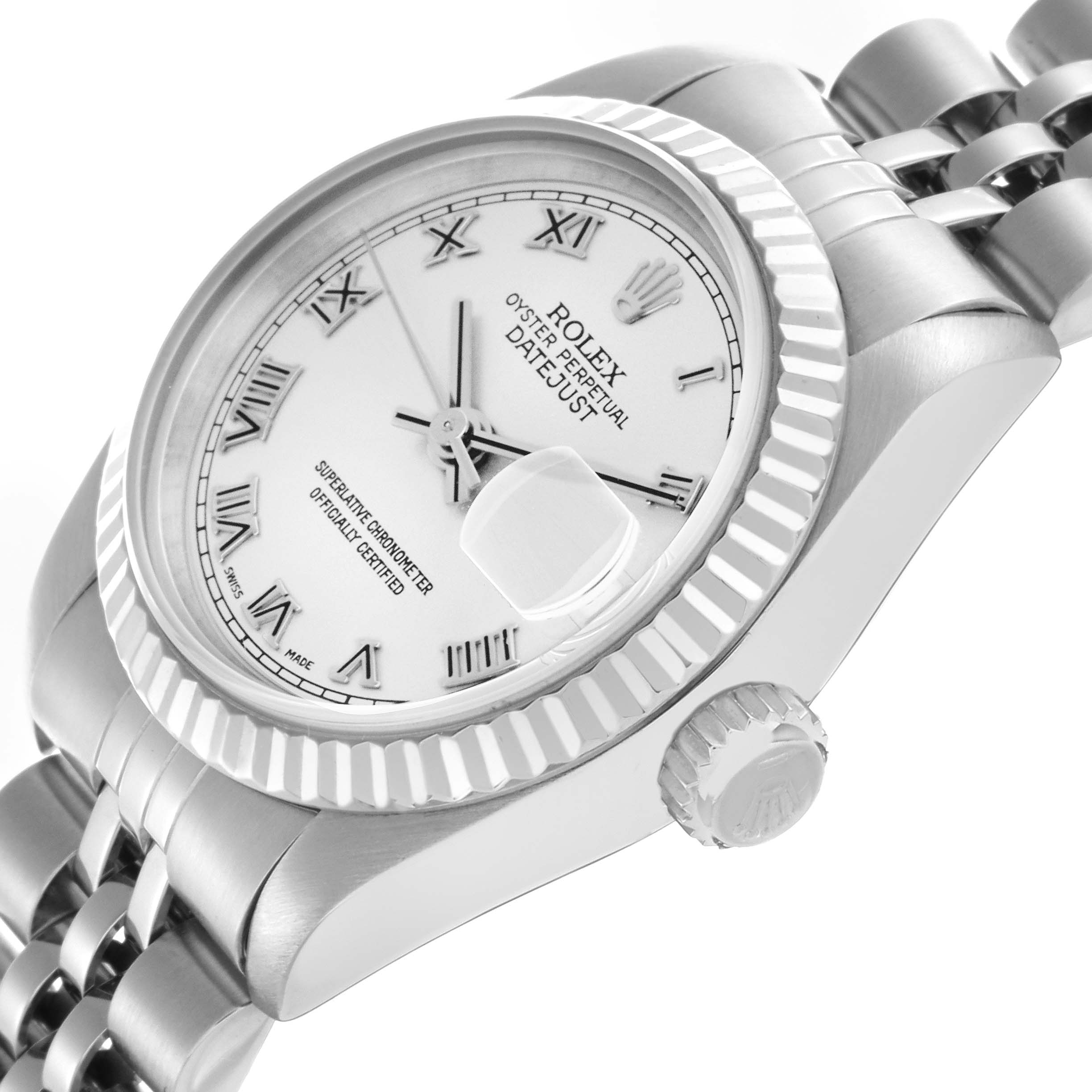 The Rolex Datejust 79174 Women
s Stainless Steel Silver Dial 79174 Women
s Stainless Steel Silver Dial is shown at an angle highlighting the dial, fluted bezel, crown, and Jubilee bracelet.