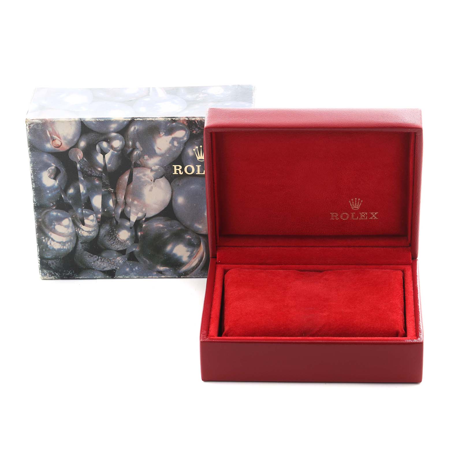 The image shows a Rolex Datejust 79174 Women
s Stainless Steel Silver Dial 79174 Women
s Stainless Steel Silver Dial watch box set, featuring an open red box and a decorative outer box.