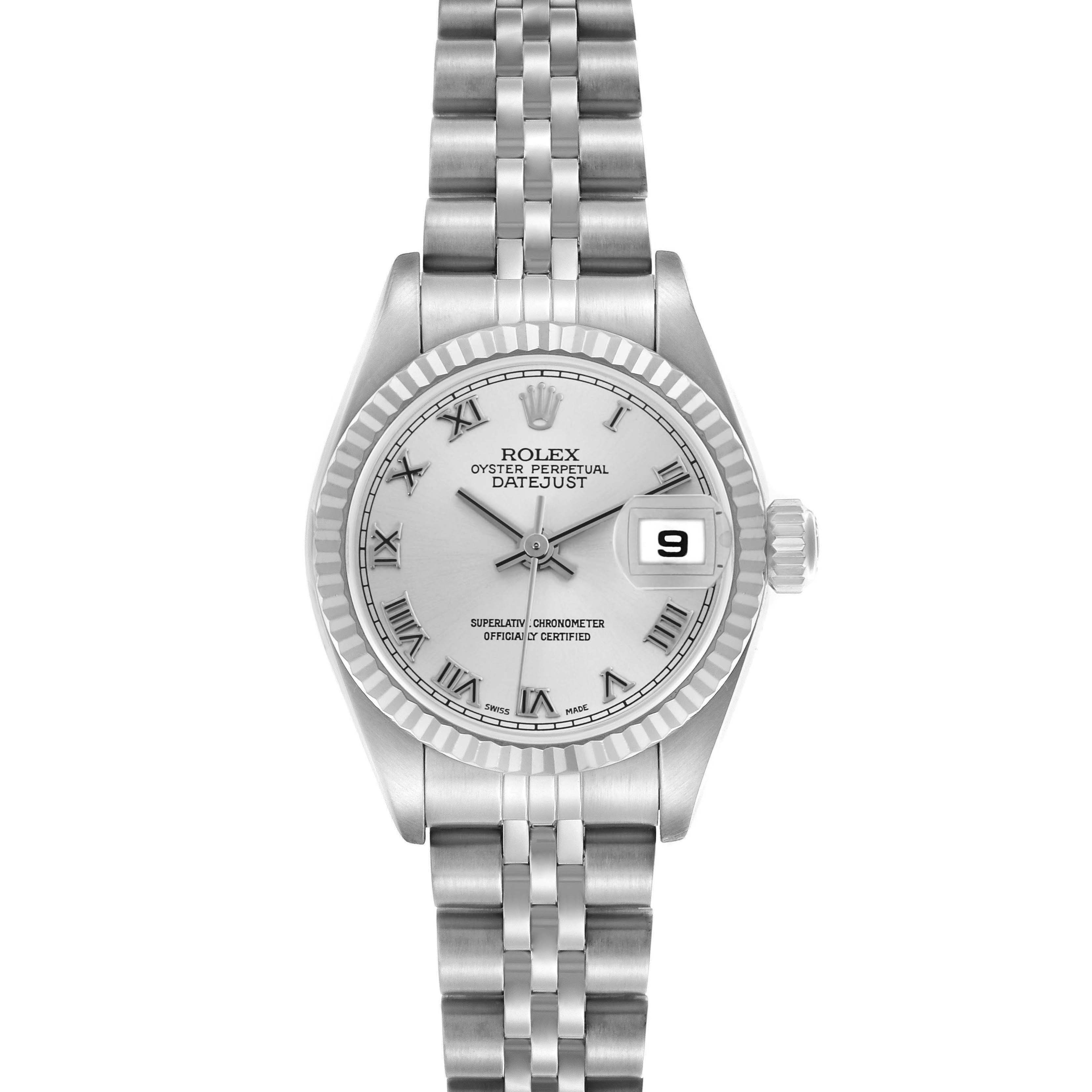 The Rolex Datejust 79174 Women
s Stainless Steel Silver Dial 79174 Women
s Stainless Steel Silver Dial watch is shown from a top-down angle, displaying its face, bezel, band, and date window.