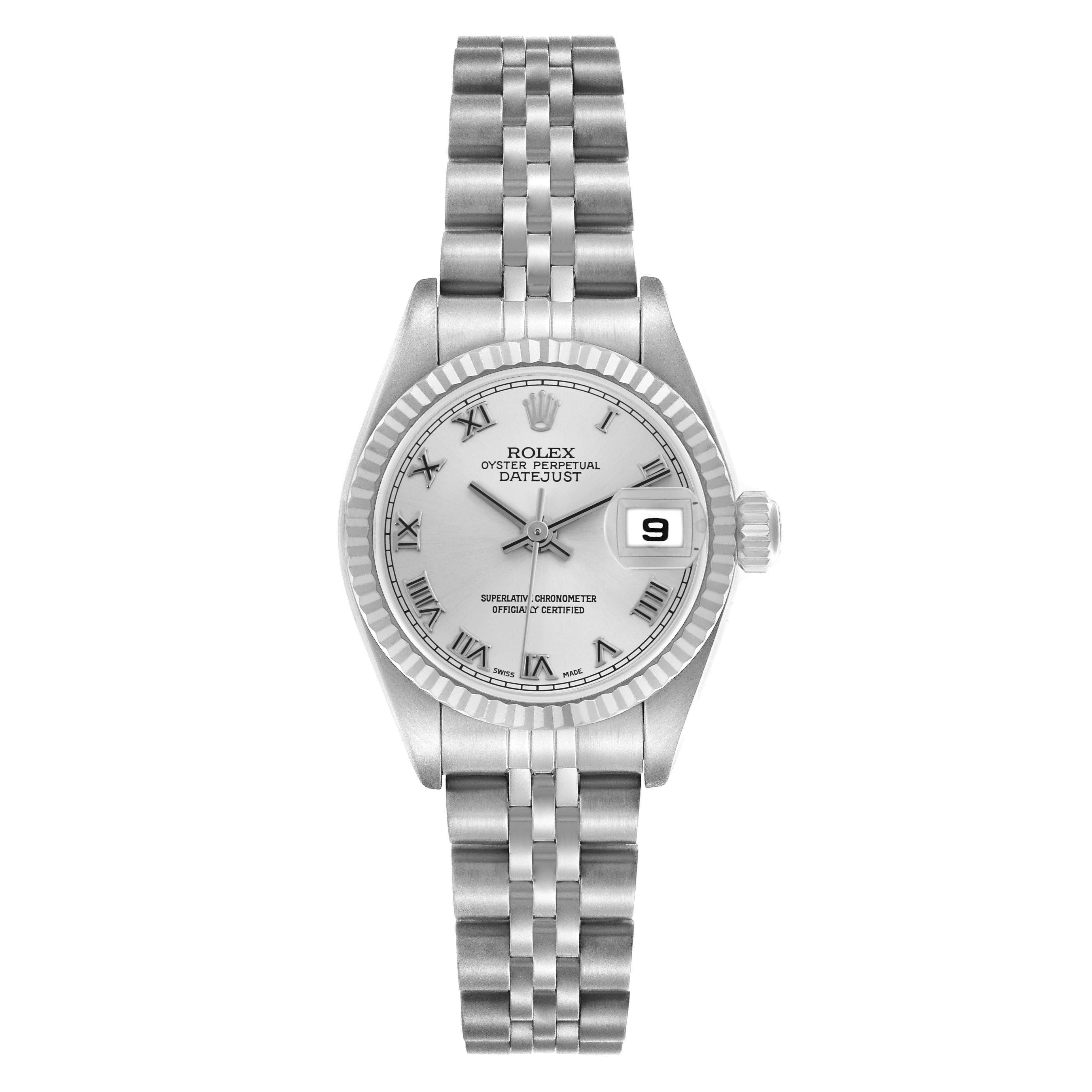The Rolex Datejust 79174 Women
s Stainless Steel Silver Dial 79174 Women
s Stainless Steel Silver Dial watch is shown from a top view, highlighting its dial, bezel, and jubilee bracelet.