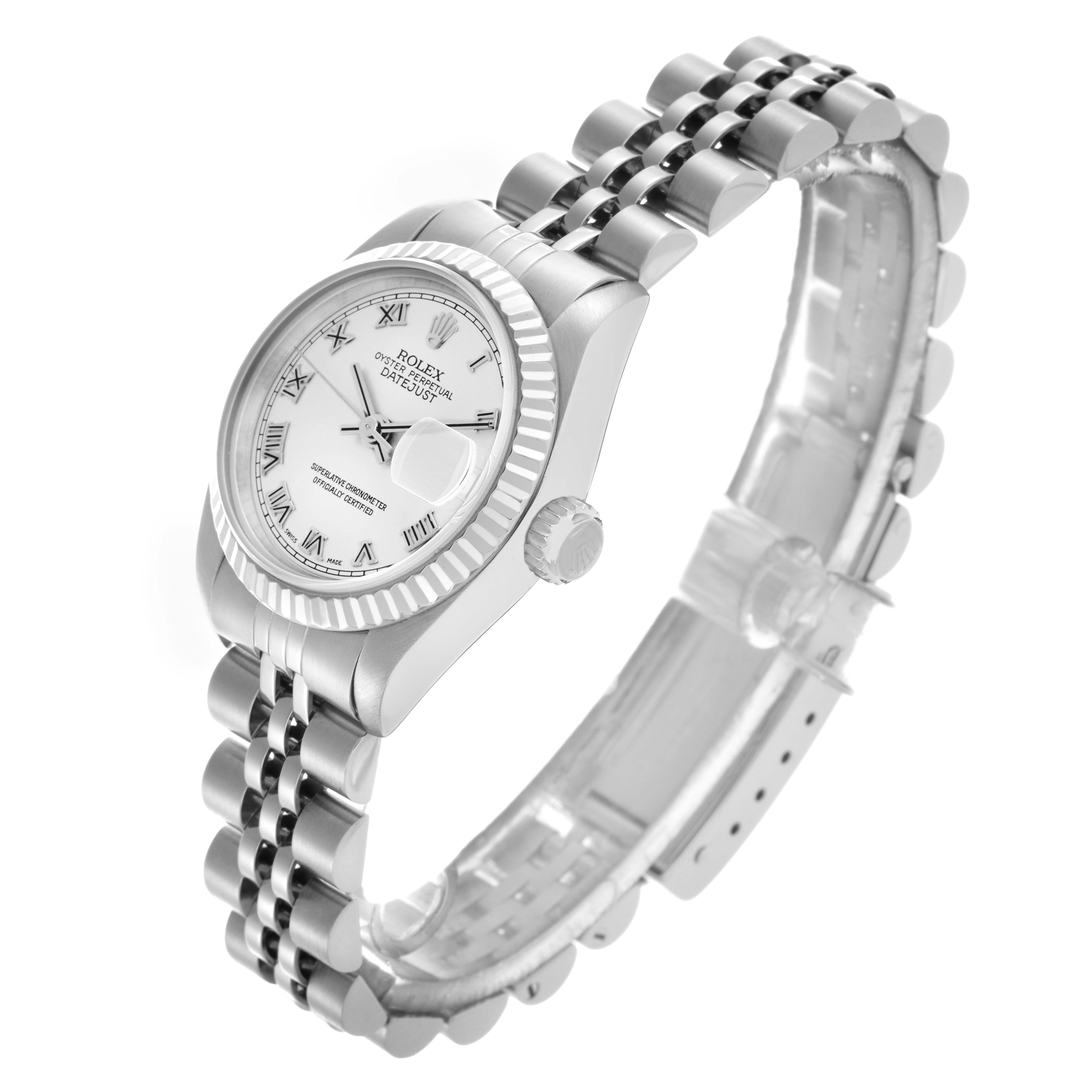 The Rolex Datejust 79174 Women
s Stainless Steel Silver Dial 79174 Women
s Stainless Steel Silver Dial watch is shown at a 3/4 angle displaying the face, bezel, crown, and part of the bracelet.