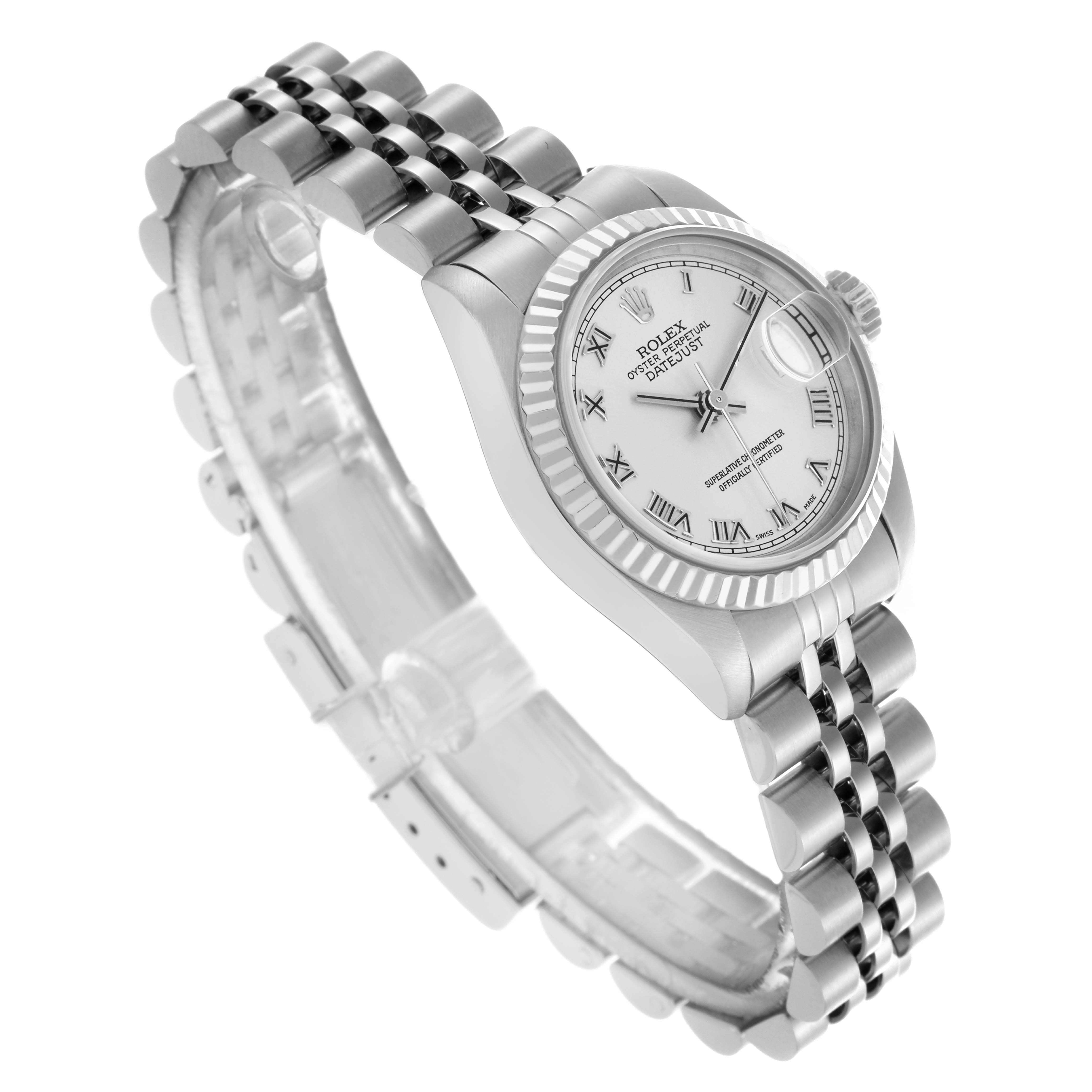 The Rolex Datejust 79174 Women
s Stainless Steel Silver Dial 79174 Women
s Stainless Steel Silver Dial watch is angled to show the dial, bezel, and bracelet.
