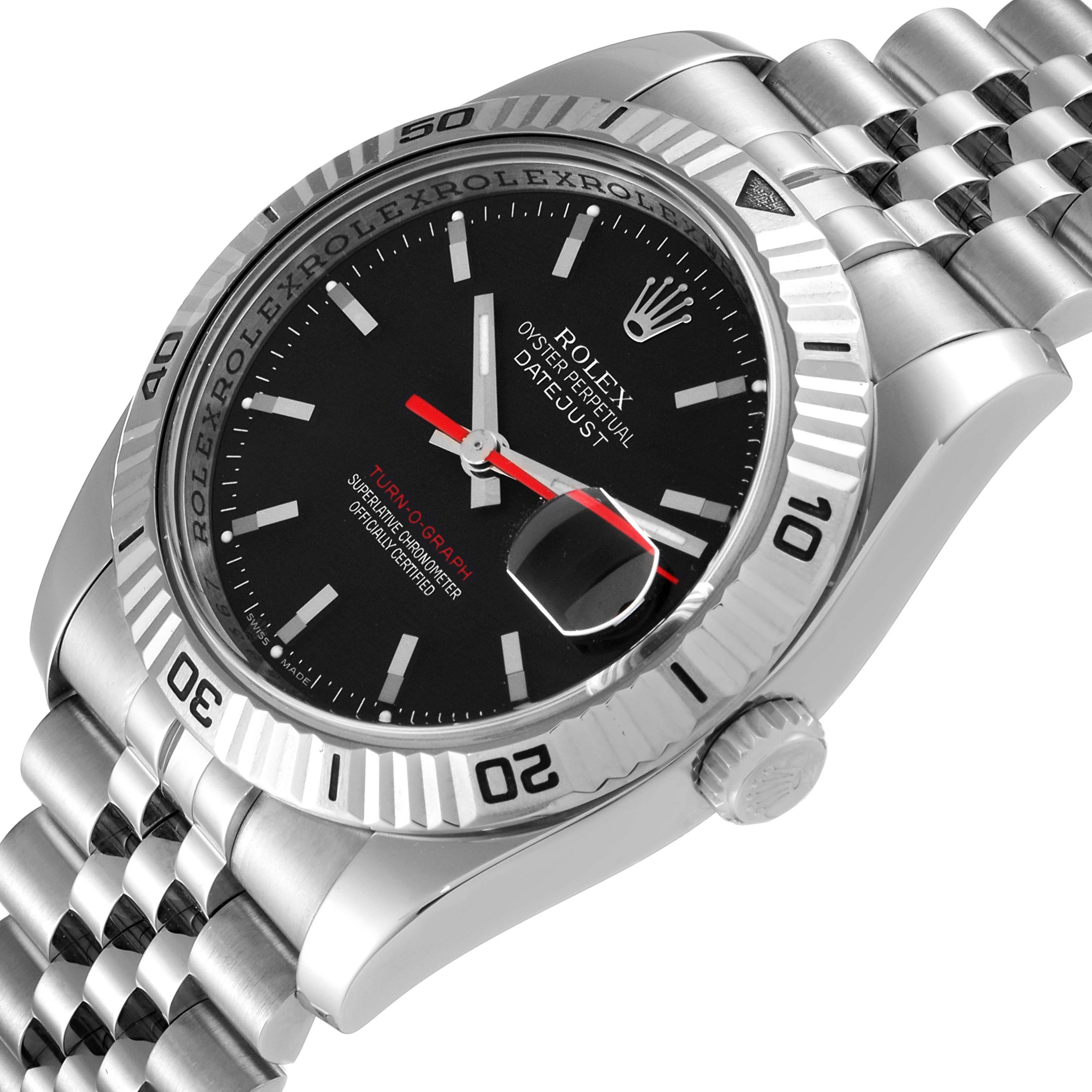 The image shows a Turn-o-Graph Rolex watch from an angled top view, highlighting the dial, bezel, bracelet, and crown.