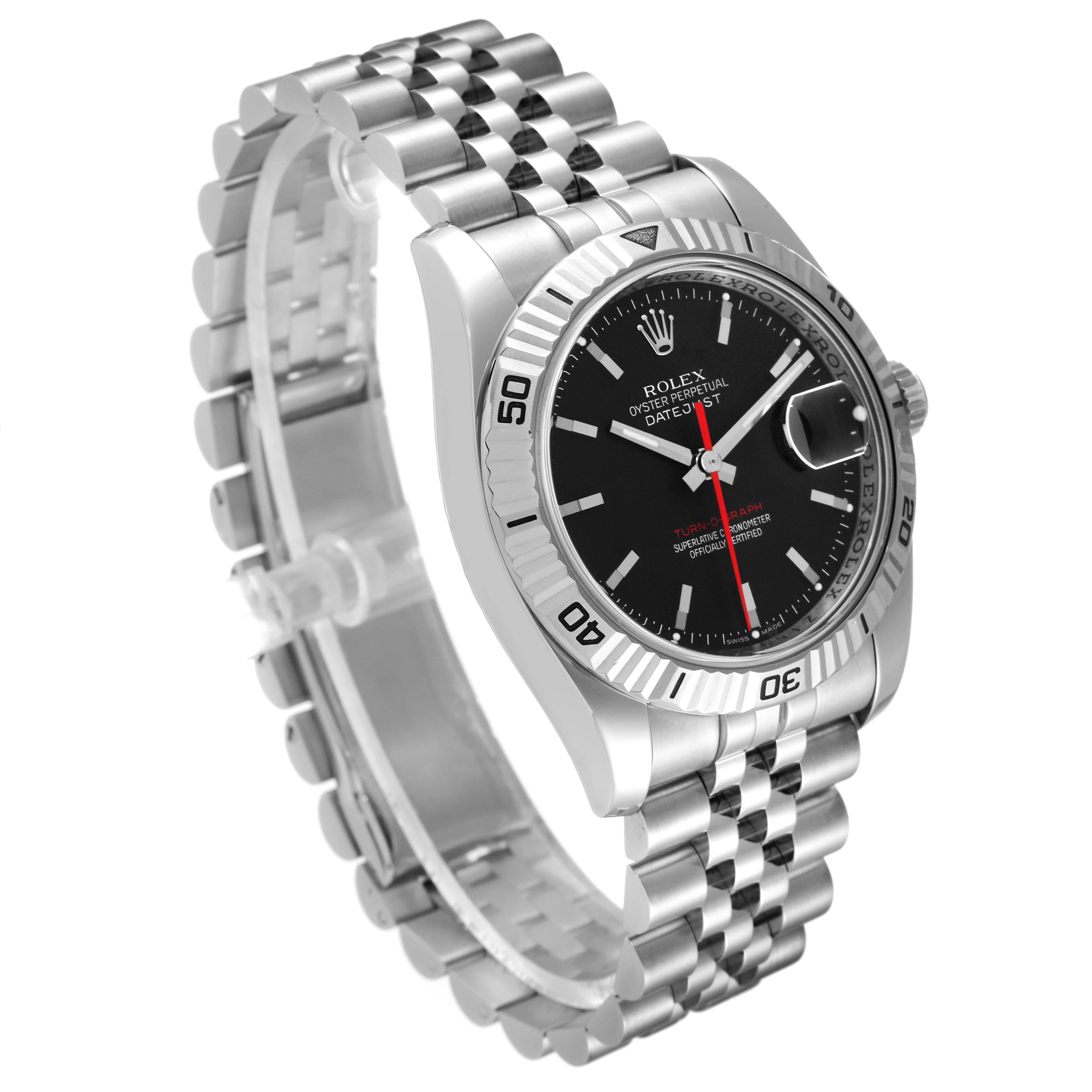 The image shows a frontal angled view of a Rolex Turn-o-Graph 116264 Men's Stainless Steel Black Dial 116264 Men's Stainless Steel Black Dial watch, highlighting its black dial, bezel, and Jubilee bracelet.