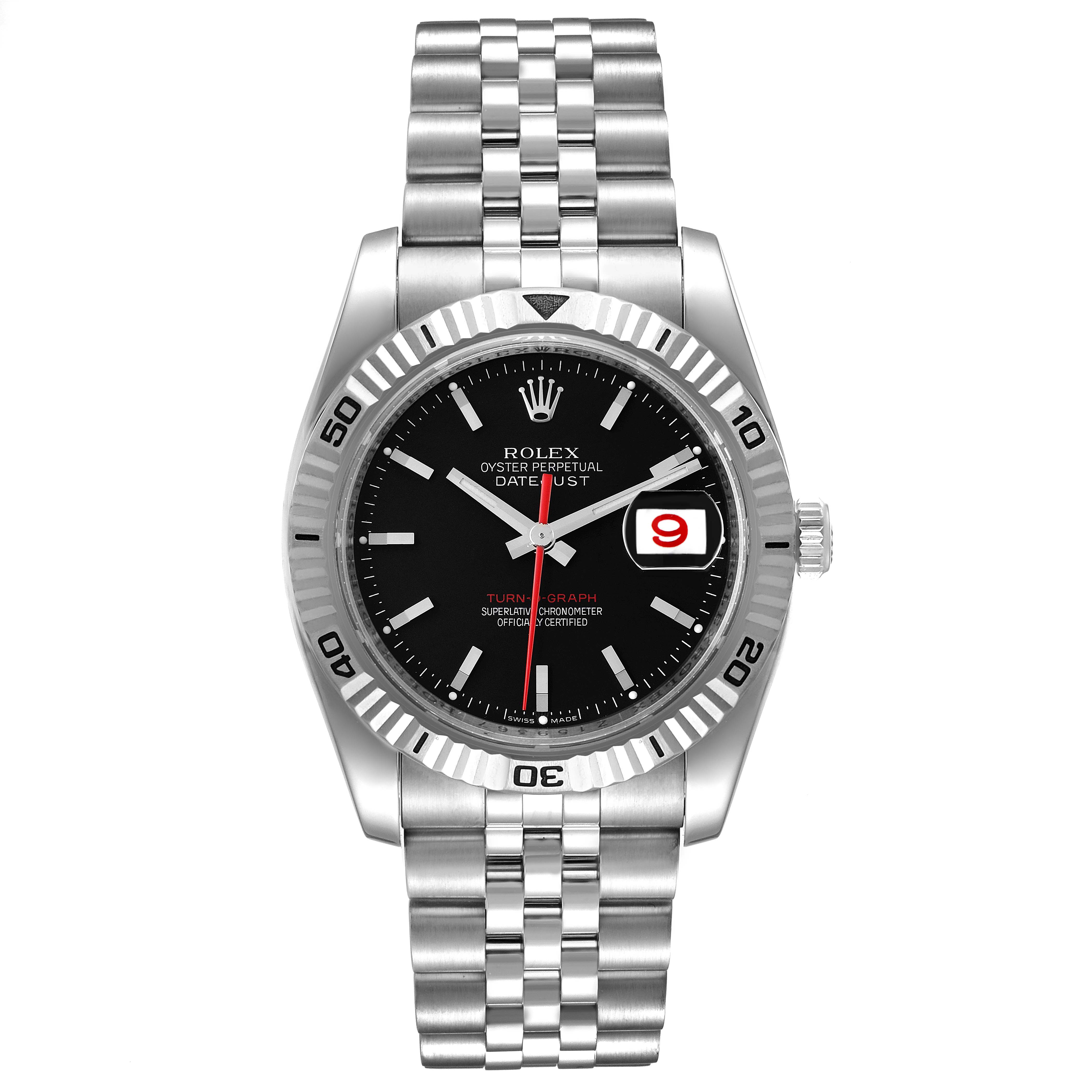 The image shows a front view of the Rolex Turn-o-Graph 116264 Men's Stainless Steel Black Dial 116264 Men's Stainless Steel Black Dial model, displaying its face, bezel, and bracelet.