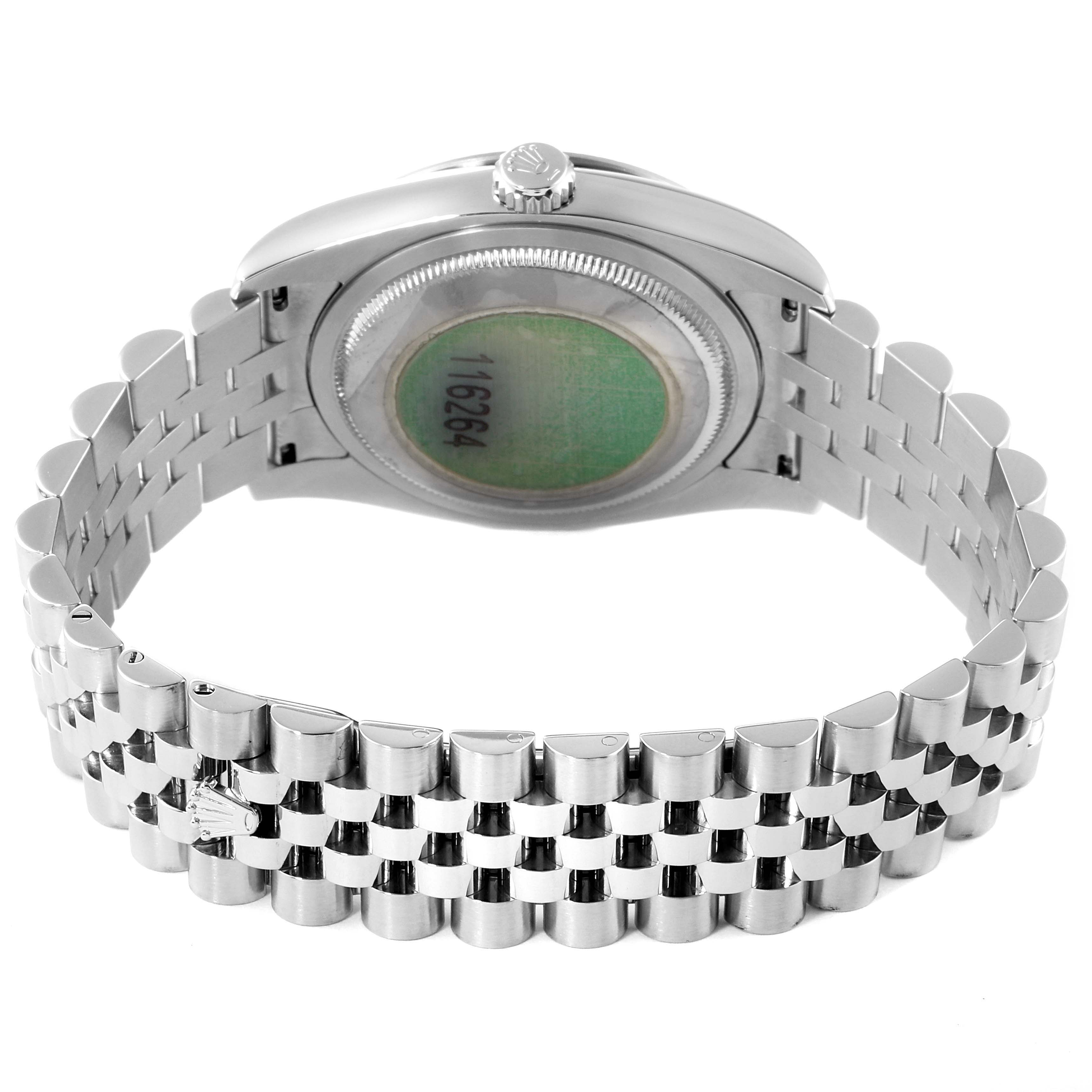 The image shows the back view of a Rolex Turn-o-Graph 116264 Men's Stainless Steel Black Dial 116264 Men's Stainless Steel Black Dial watch, focusing on the caseback and the bracelet.