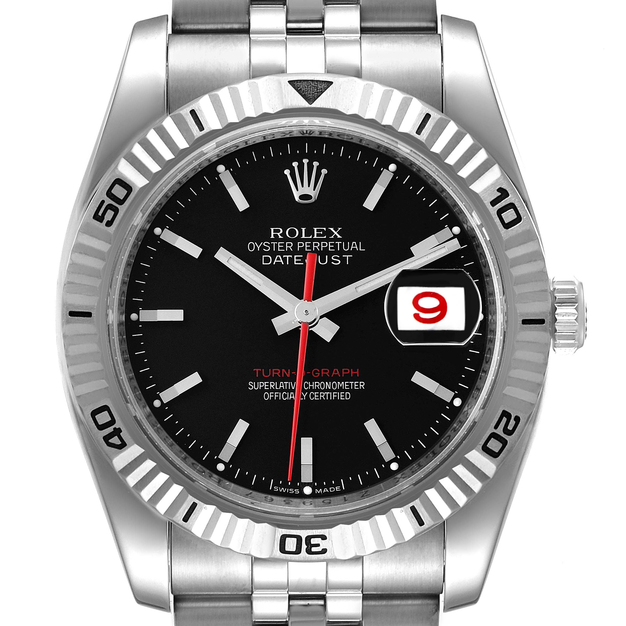 The image shows a front view of a Rolex Turn-o-Graph 116264 Men's Stainless Steel Black Dial 116264 Men's Stainless Steel Black Dial watch, displaying the dial, bezel, crown, and part of the bracelet.