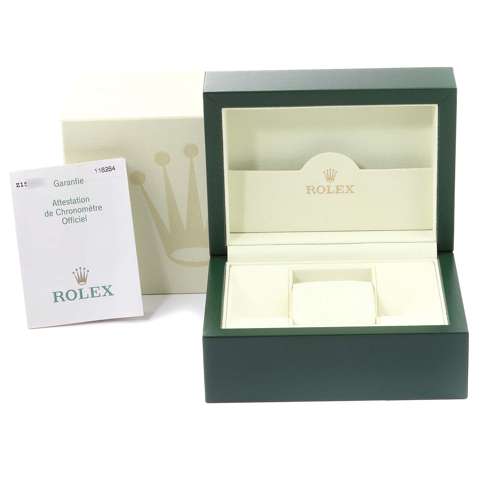 This image shows a Rolex Turn-o-Graph 116264 Men's Stainless Steel Black Dial 116264 Men's Stainless Steel Black Dial watch box with its warranty card and outer box.