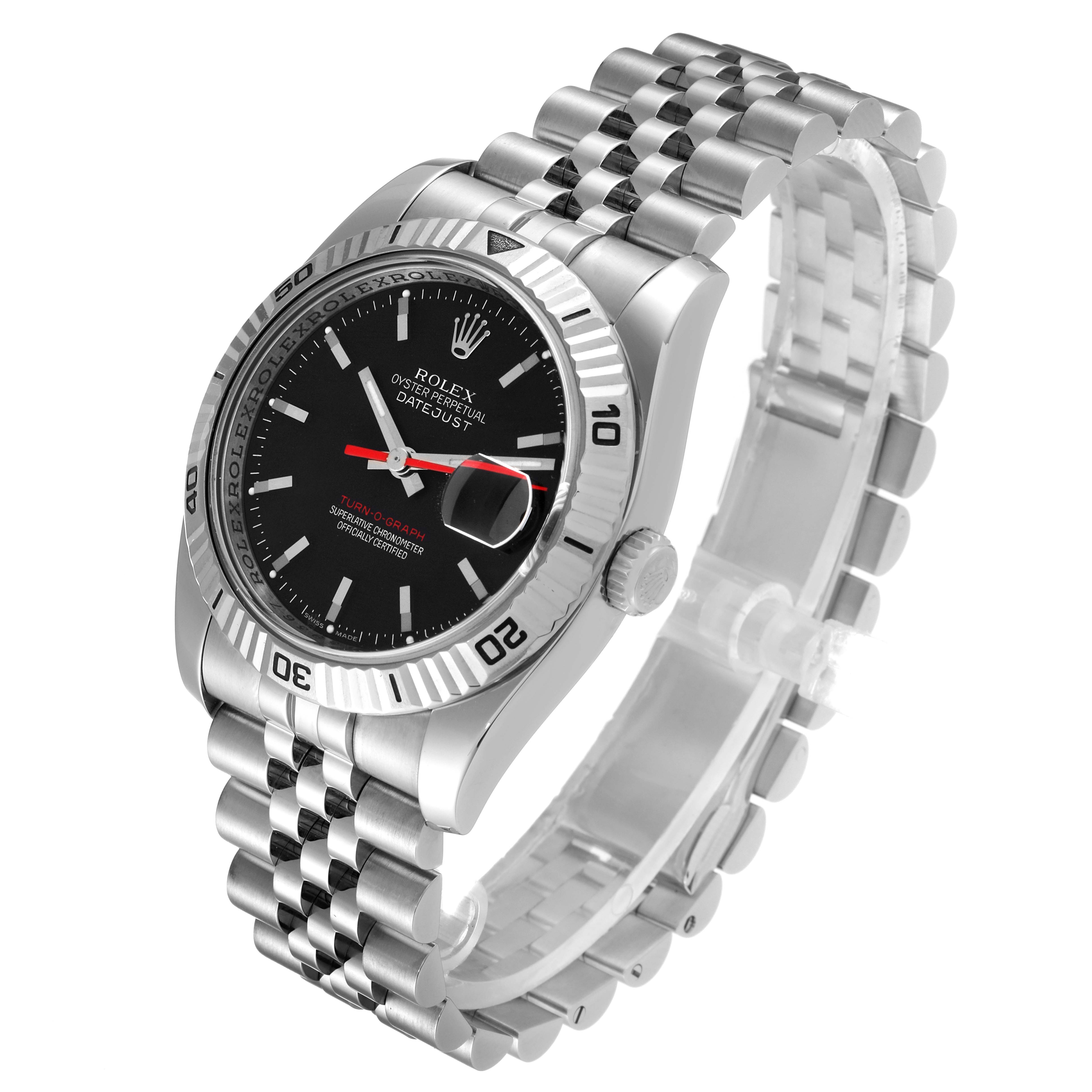 This image shows a Rolex Turn-o-Graph 116264 Men's Stainless Steel Black Dial 116264 Men's Stainless Steel Black Dial model watch at an angle highlighting the bezel, dial, crown, and bracelet.