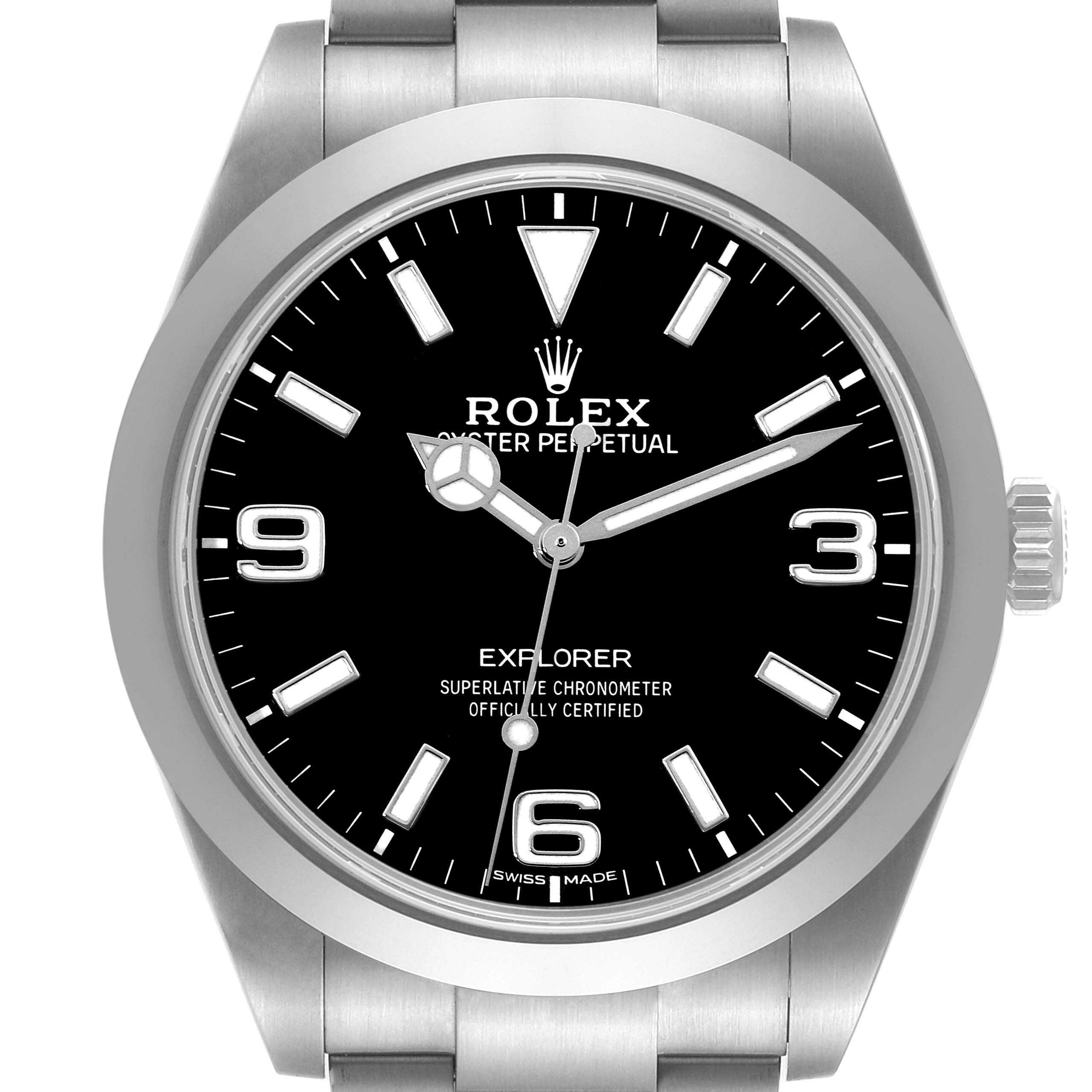 The Rolex Explorer 214270 Men
s Stainless Steel Black Dial 214270 Men
s Stainless Steel Black Dial watch is shown from a front angle, highlighting the dial, hands, and bracelet.