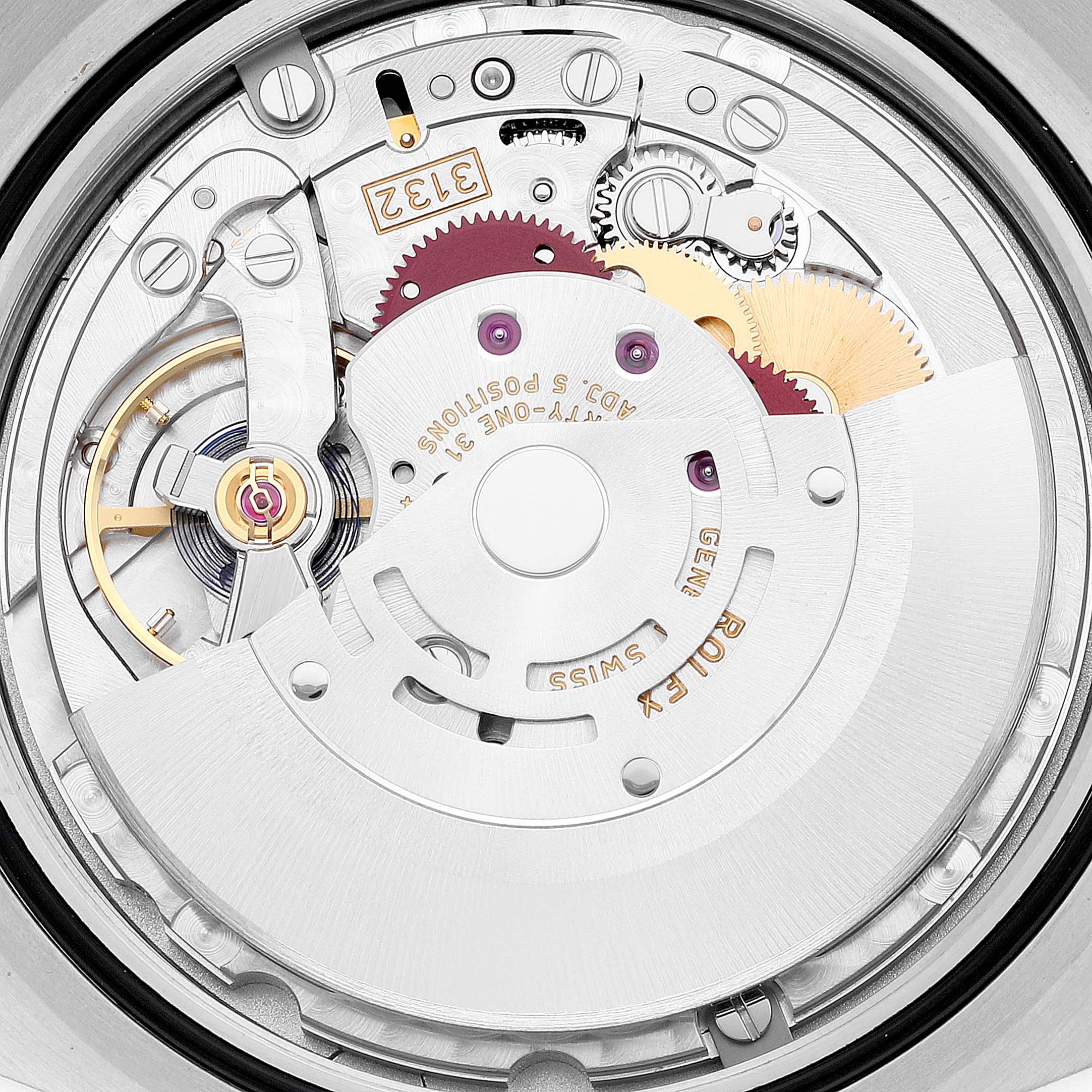 The image shows a close-up view of the movement mechanism inside a Rolex Explorer 214270 Men
s Stainless Steel Black Dial 214270 Men
s Stainless Steel Black Dial watch.