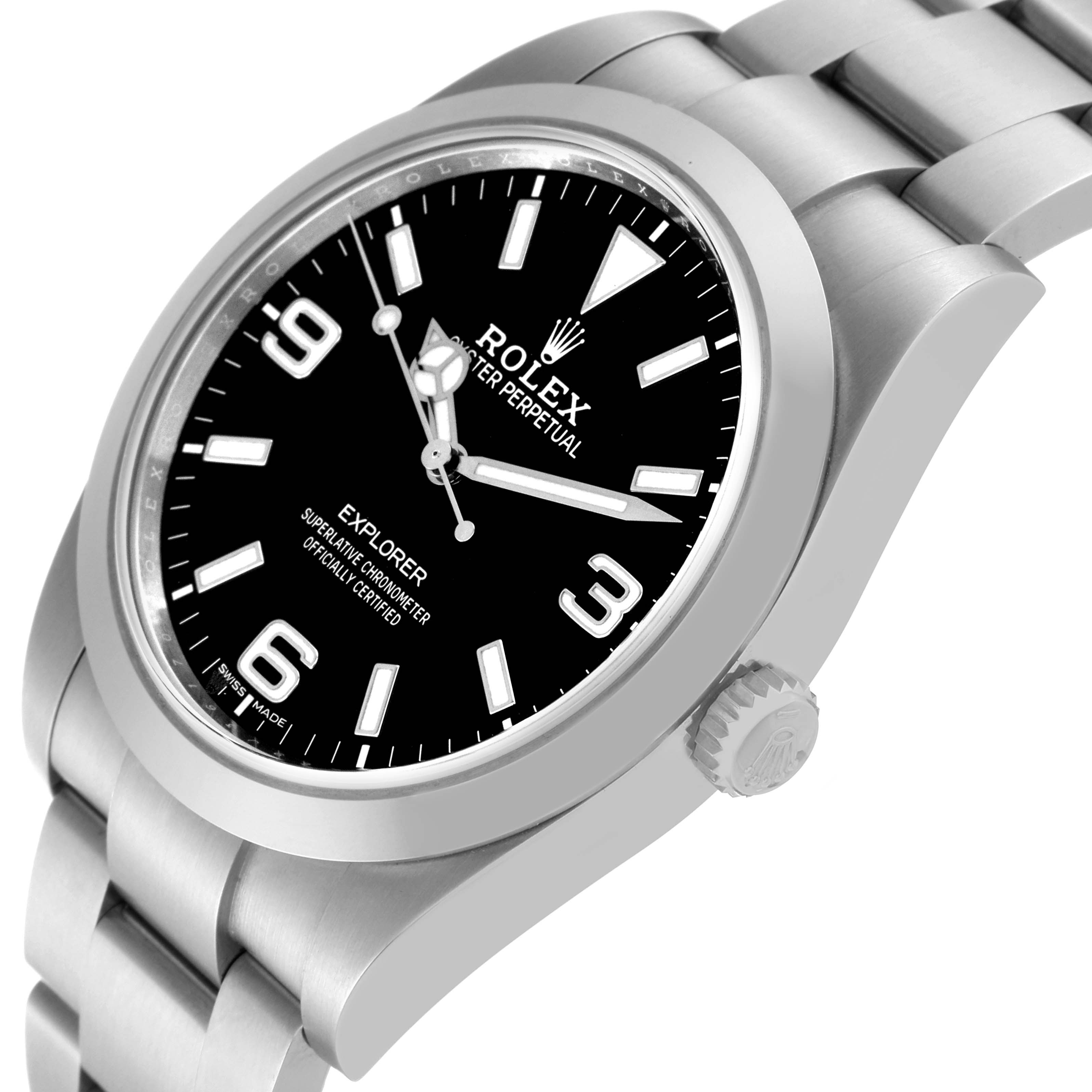 The image shows a side angle of the Rolex Explorer 214270 Men
s Stainless Steel Black Dial 214270 Men
s Stainless Steel Black Dial watch, highlighting the black dial, crown, and stainless steel bracelet.