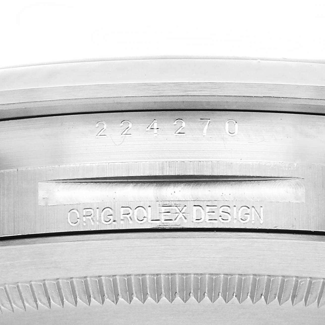 The image shows a close-up of the edge with engravings on the Rolex Explorer 224270 Men
s Stainless Steel Black Dial 224270 Men
s Stainless Steel Black Dial watch bezel.