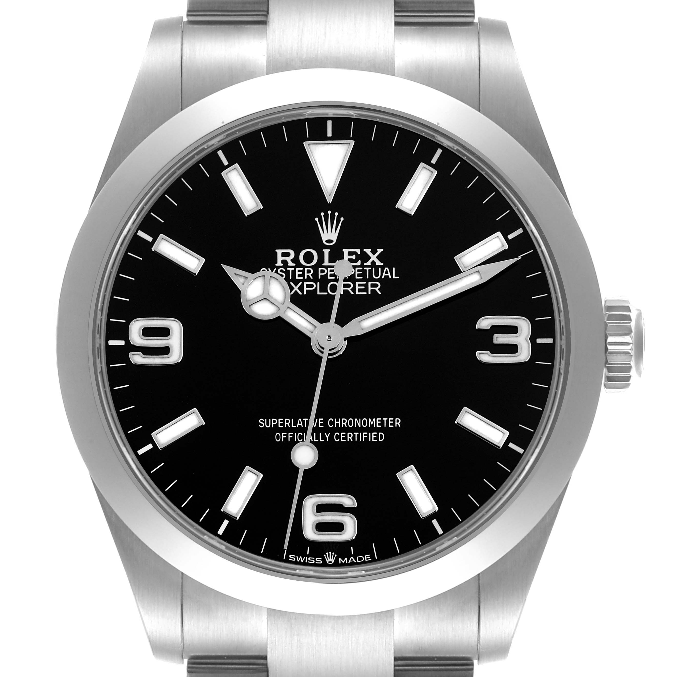 The Rolex Explorer 224270 Men
s Stainless Steel Black Dial 224270 Men
s Stainless Steel Black Dial watch is shown from the front, displaying the dial, bezel, crown, and part of the bracelet.