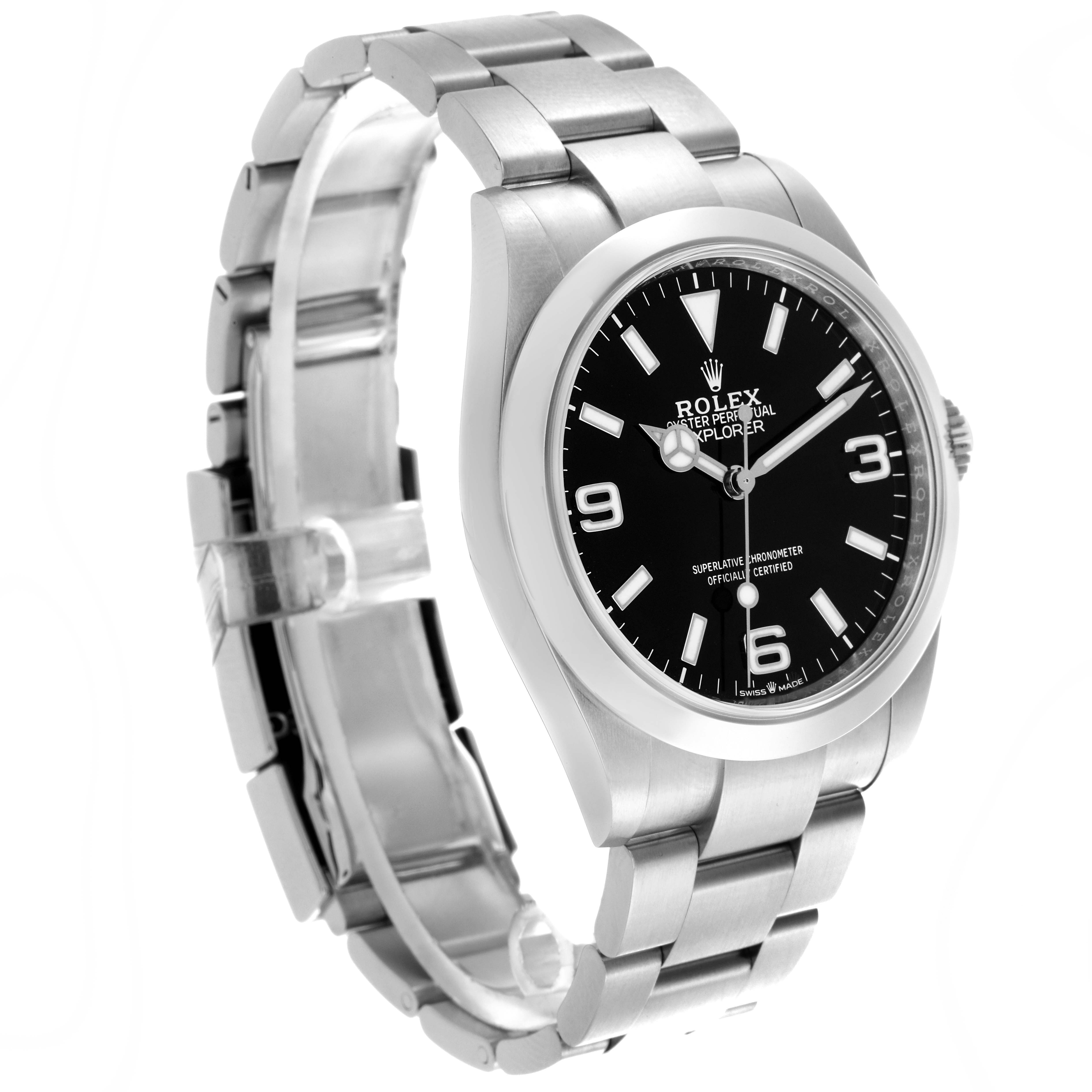 The Rolex Explorer 224270 Men
s Stainless Steel Black Dial 224270 Men
s Stainless Steel Black Dial watch is shown at a three-quarter angle, highlighting the dial, bezel, and bracelet.