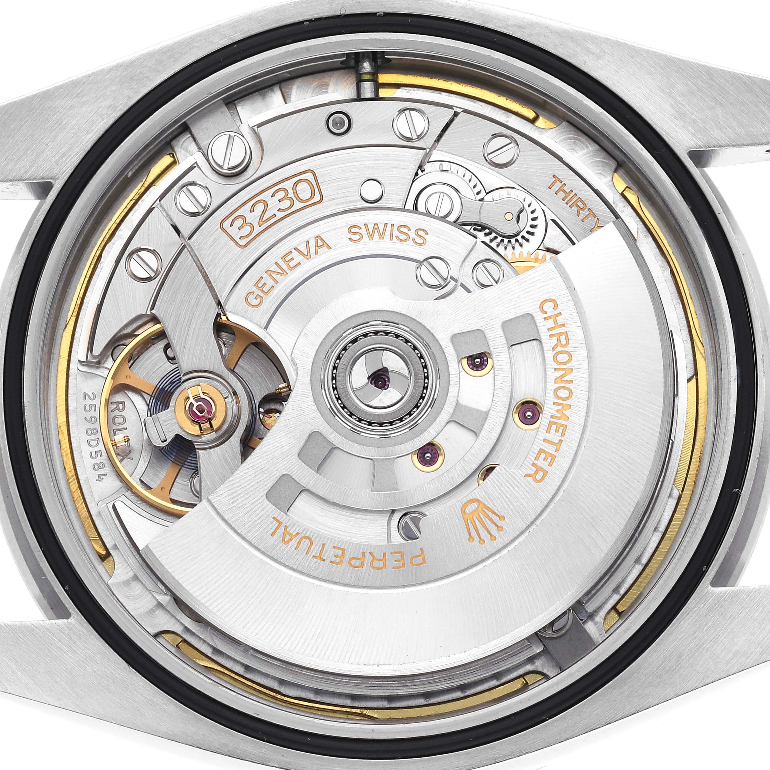 The image shows the back view of a Rolex Explorer 224270 Men
s Stainless Steel Black Dial 224270 Men
s Stainless Steel Black Dial watch, highlighting the movement and internal mechanics.