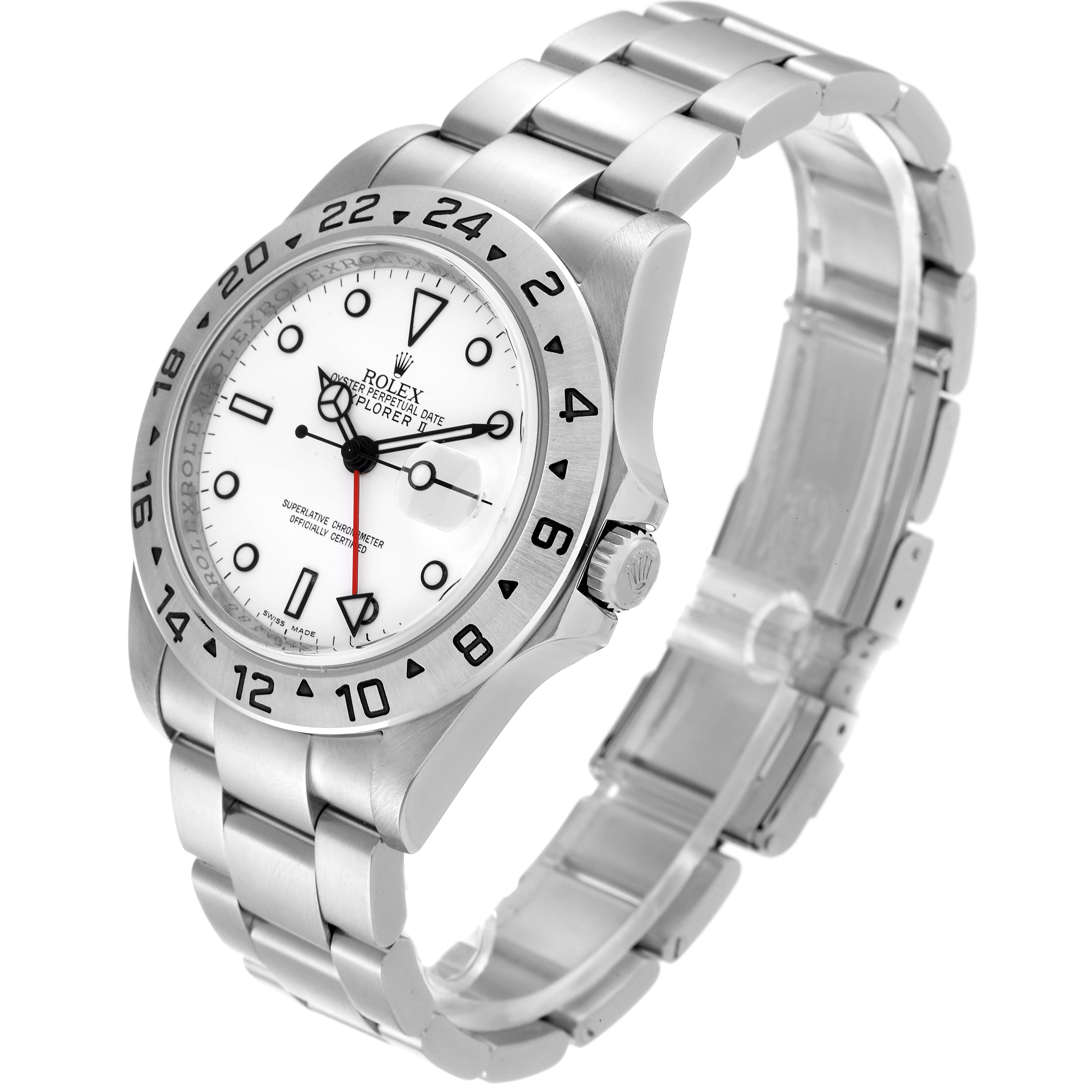 The Rolex Explorer 16570 Men
s Stainless Steel White Dial 16570 Men
s Stainless Steel White Dial watch model is shown at an oblique angle, highlighting the dial, bezel, crown, and metal strap.