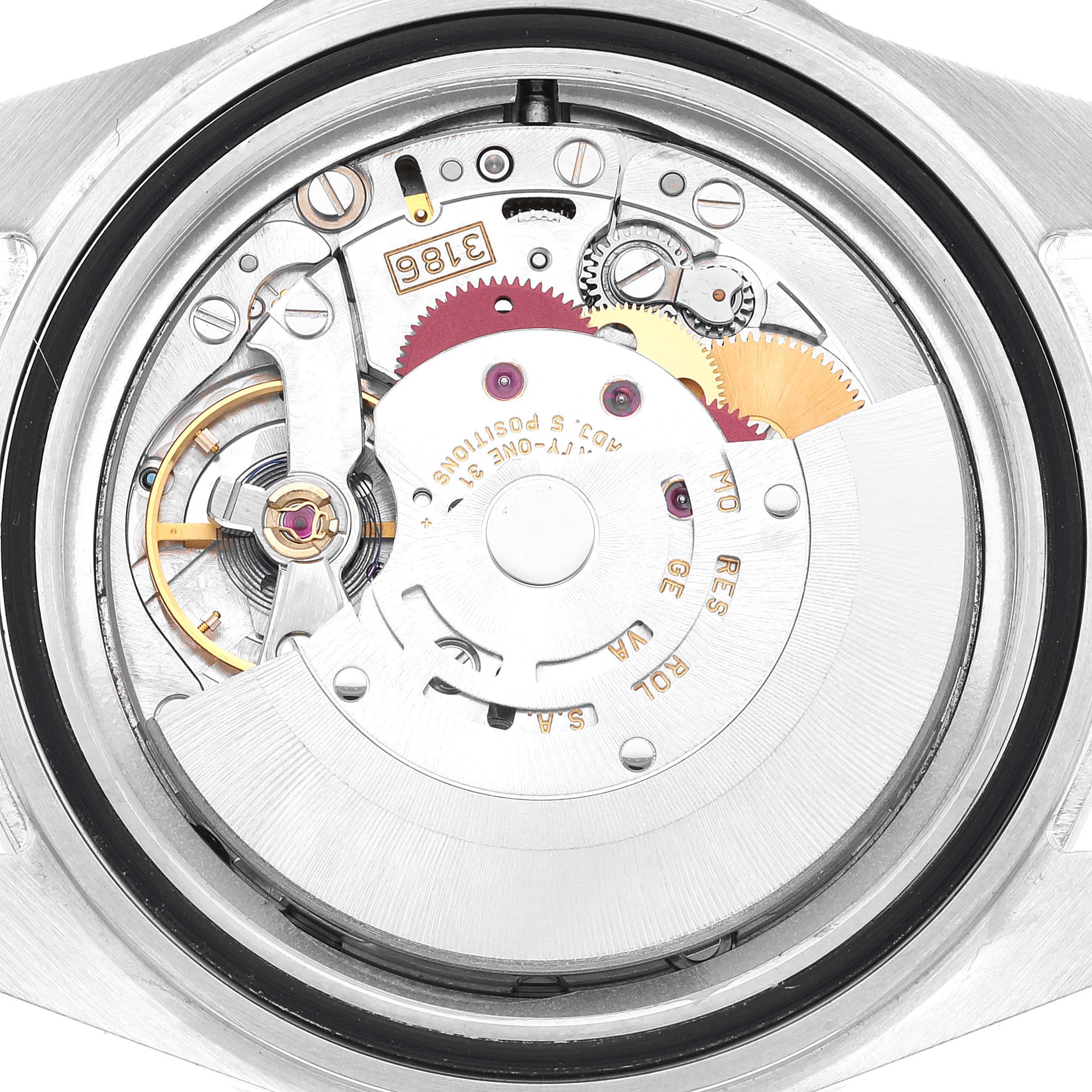 This image shows the internal mechanism of a Rolex Explorer 16570 Men
s Stainless Steel White Dial 16570 Men
s Stainless Steel White Dial watch viewed from the back case.