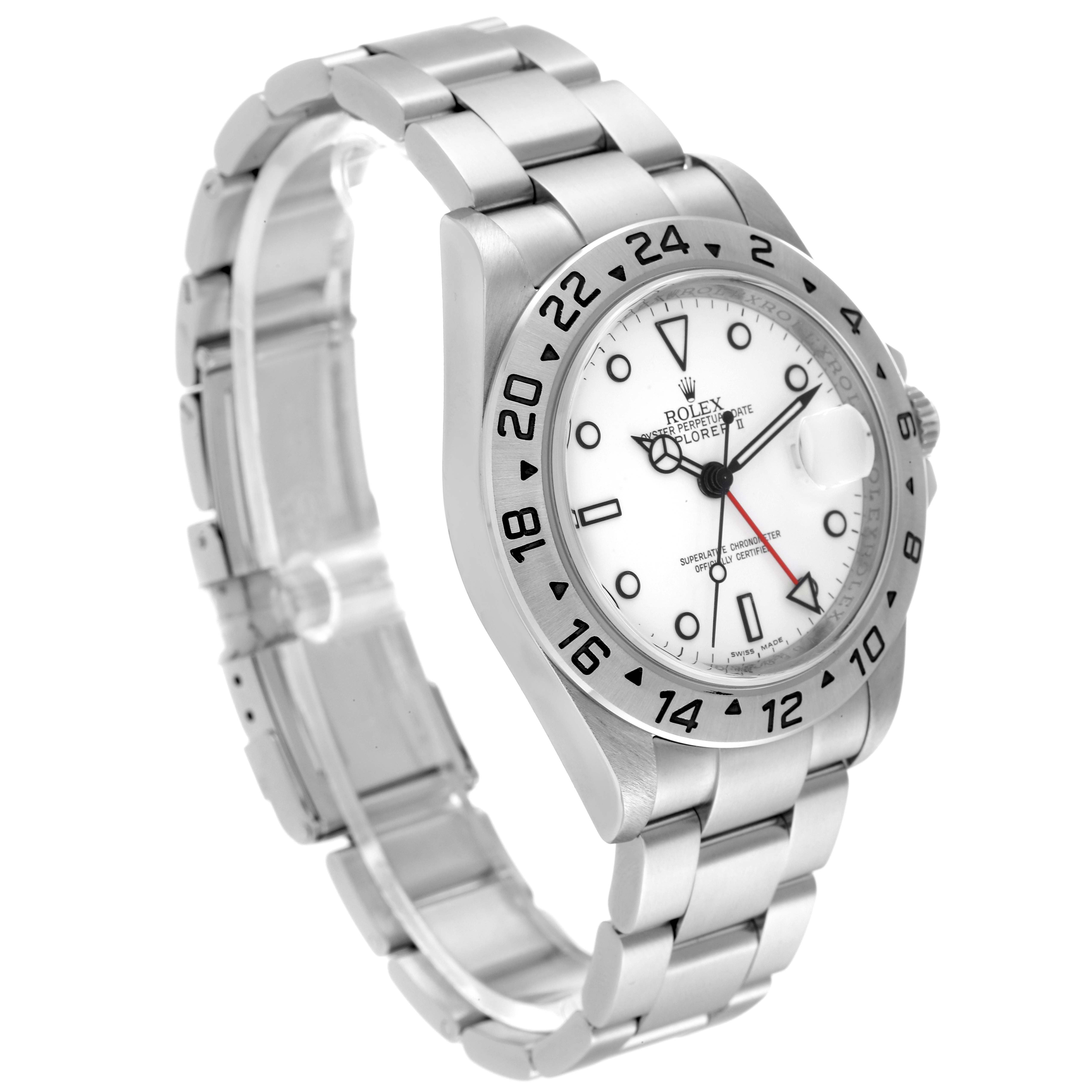 The Rolex Explorer 16570 Men
s Stainless Steel White Dial 16570 Men
s Stainless Steel White Dial watch is shown at an angled view, displaying its white dial, bezel, bracelet, and clasp.