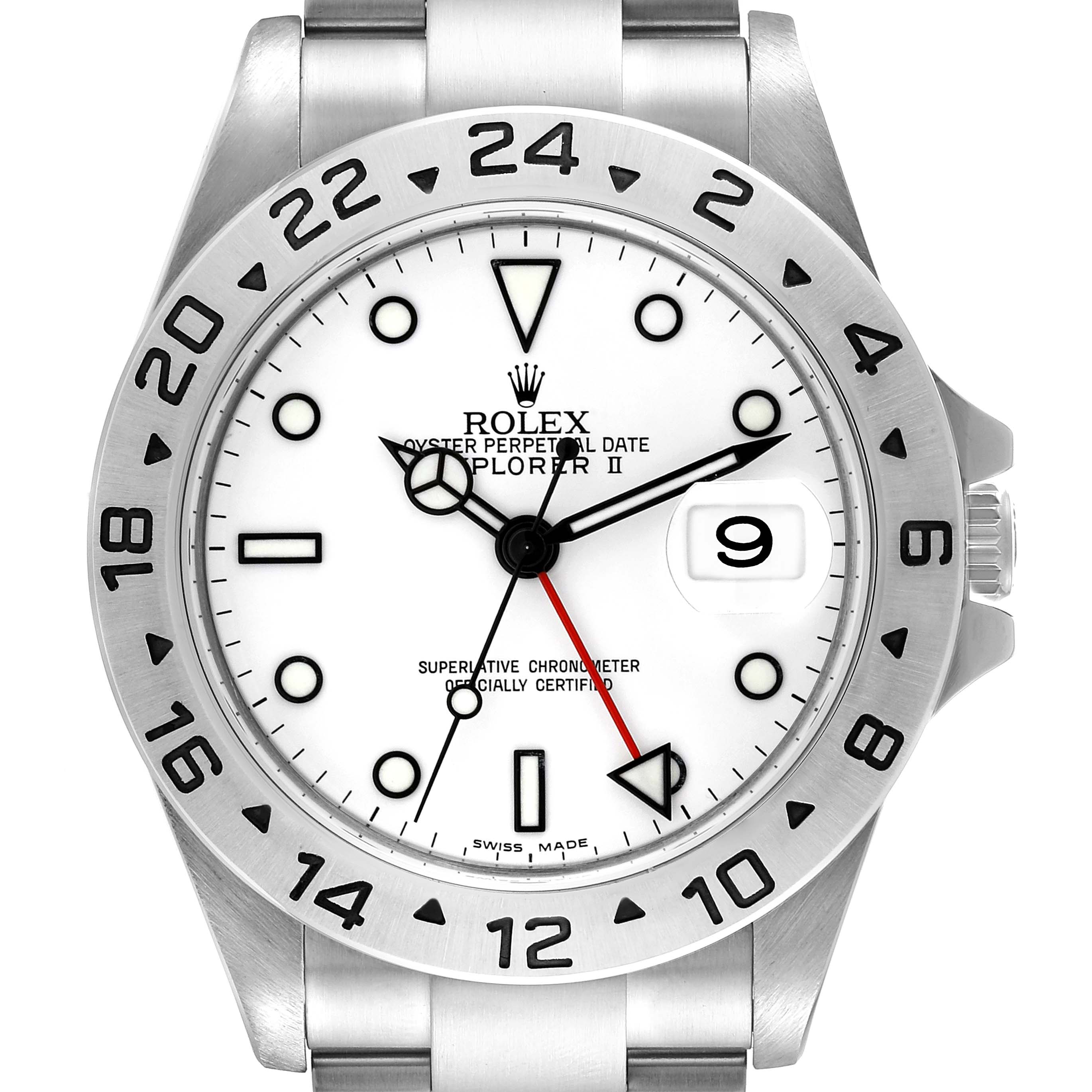 The image shows a front angle of the Rolex Explorer 16570 Men
s Stainless Steel White Dial 16570 Men
s Stainless Steel White Dial watch, highlighting the dial, bezel, hands, crown, and bracelet.