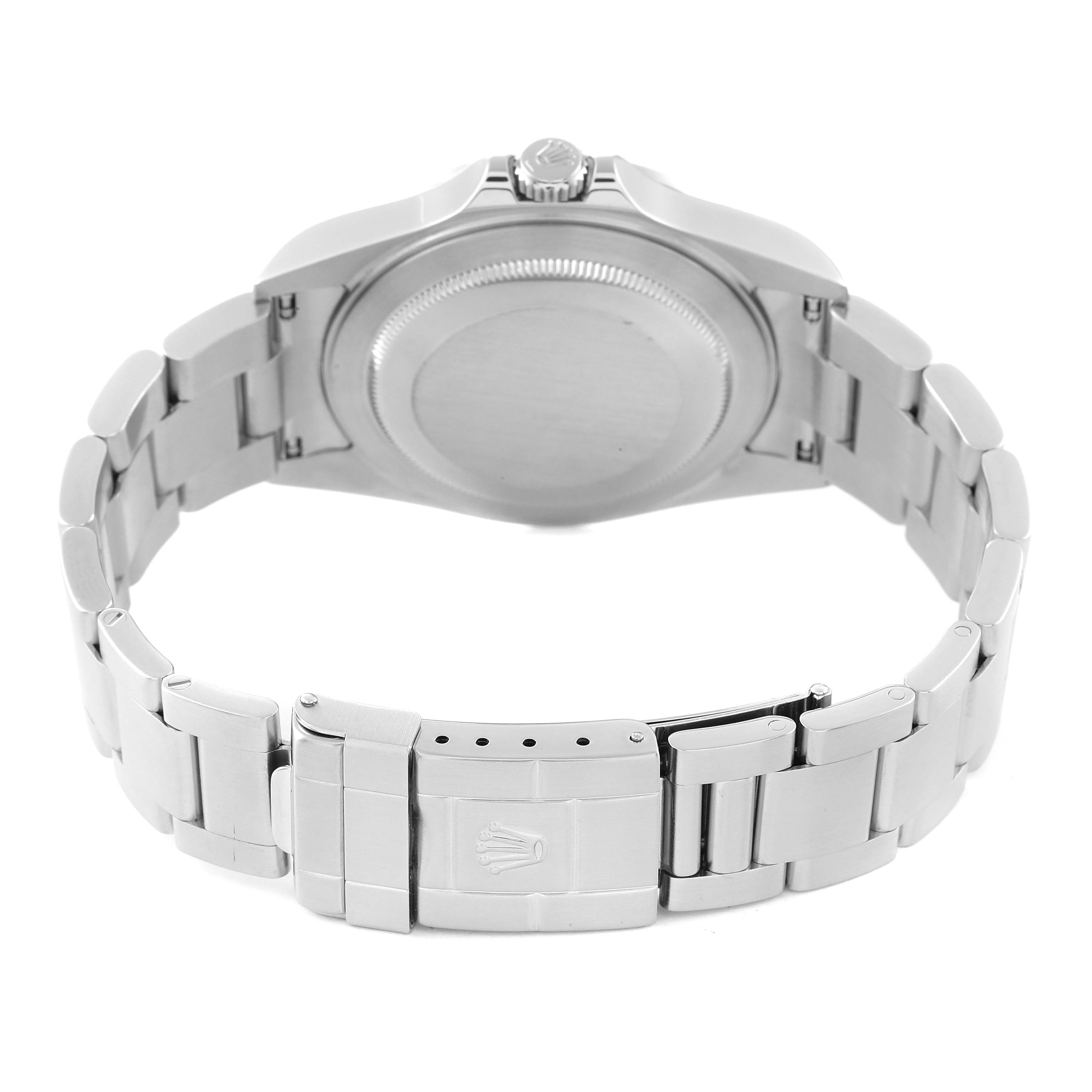 The image shows the back view and the clasp of a Rolex Explorer 16570 Men
s Stainless Steel White Dial 16570 Men
s Stainless Steel White Dial watch.