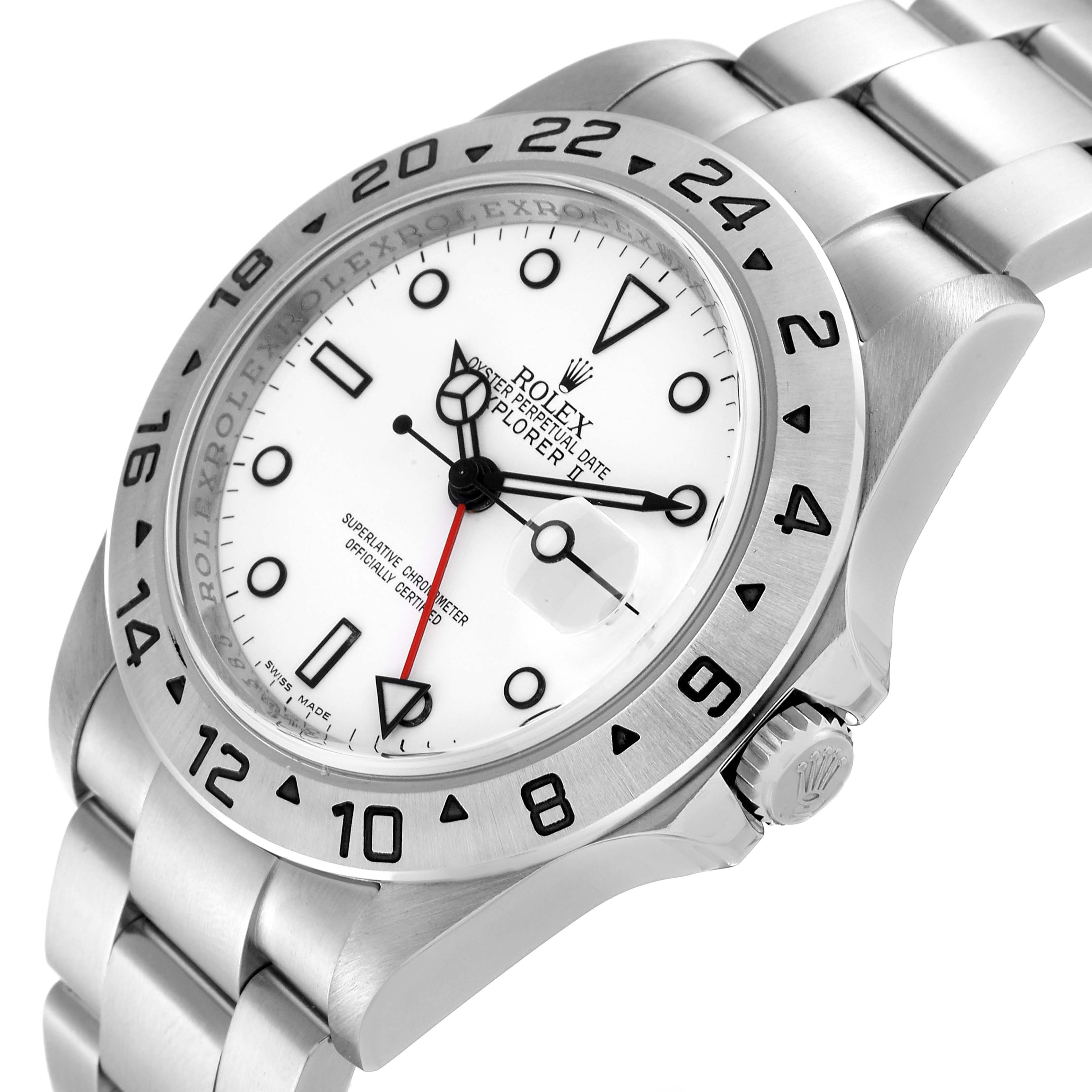 The image shows a Rolex Explorer 16570 Men
s Stainless Steel White Dial 16570 Men
s Stainless Steel White Dial watch at an angled view, highlighting the face, bezel, crown, and bracelet.