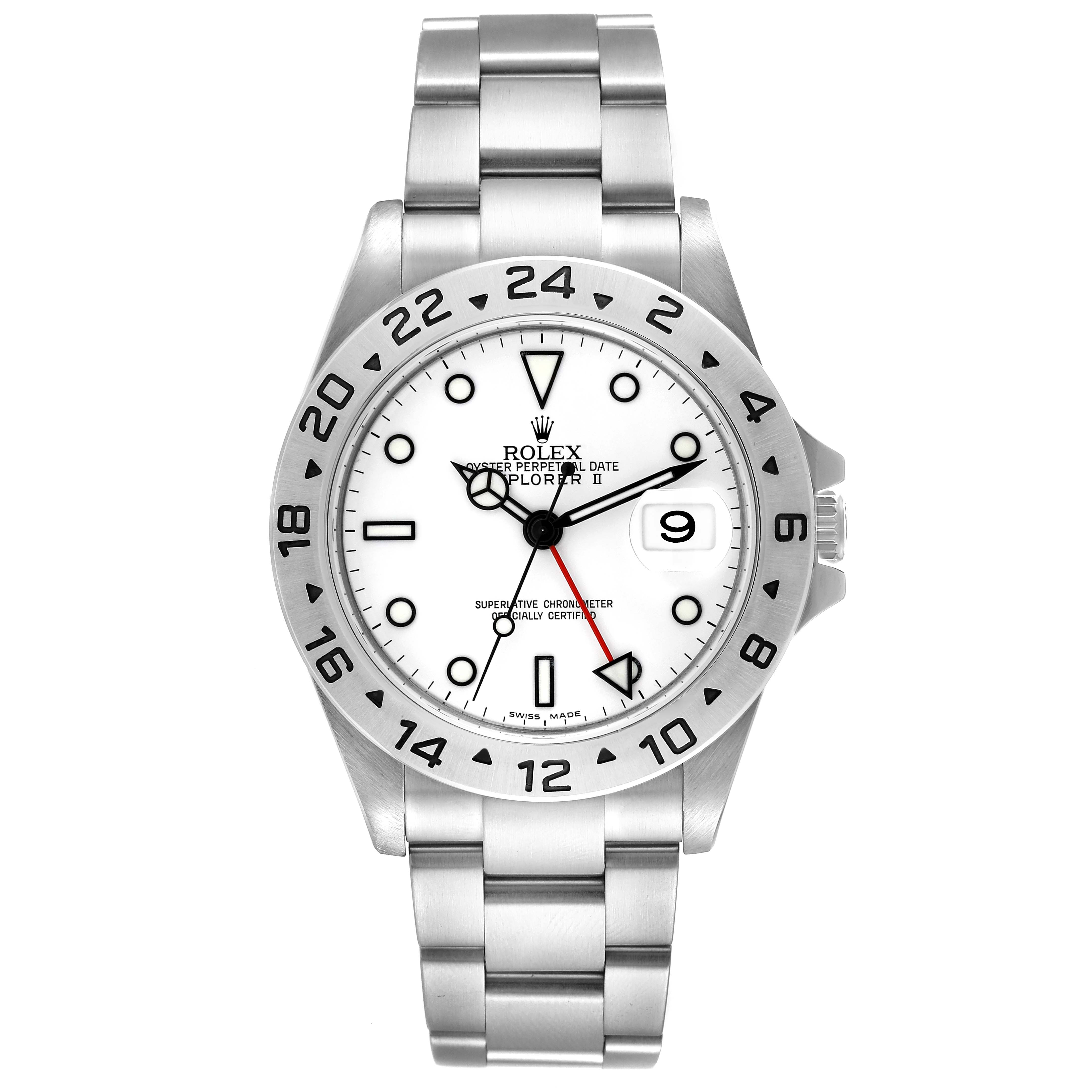 The image shows a front view of the Rolex Explorer 16570 Men
s Stainless Steel White Dial 16570 Men
s Stainless Steel White Dial watch, highlighting its dial, bezel, and bracelet.