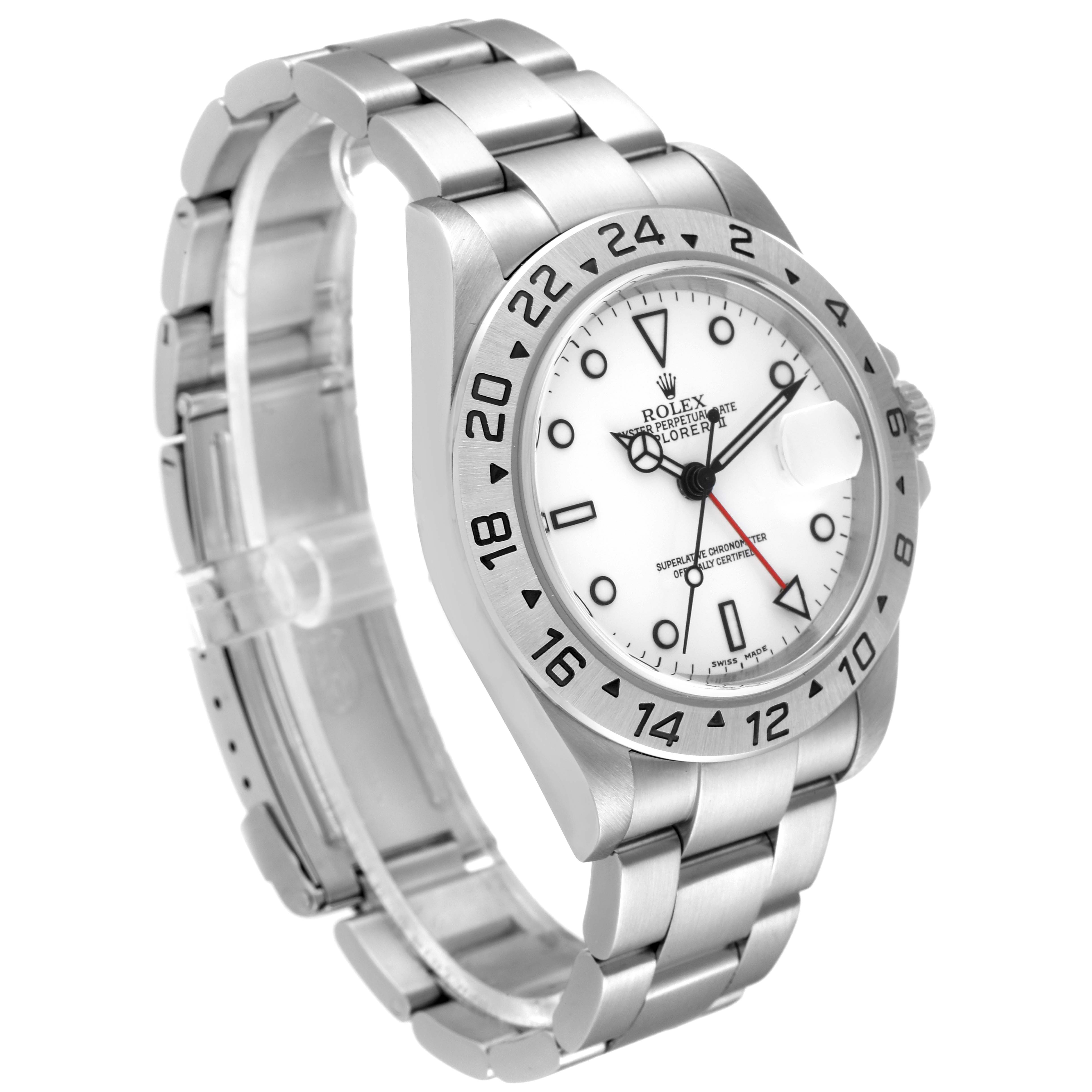 The Rolex Explorer 16570 Men
s Stainless Steel White Dial 16570 Men
s Stainless Steel White Dial watch is shown at an angle, displaying its face, bezel, and bracelet.