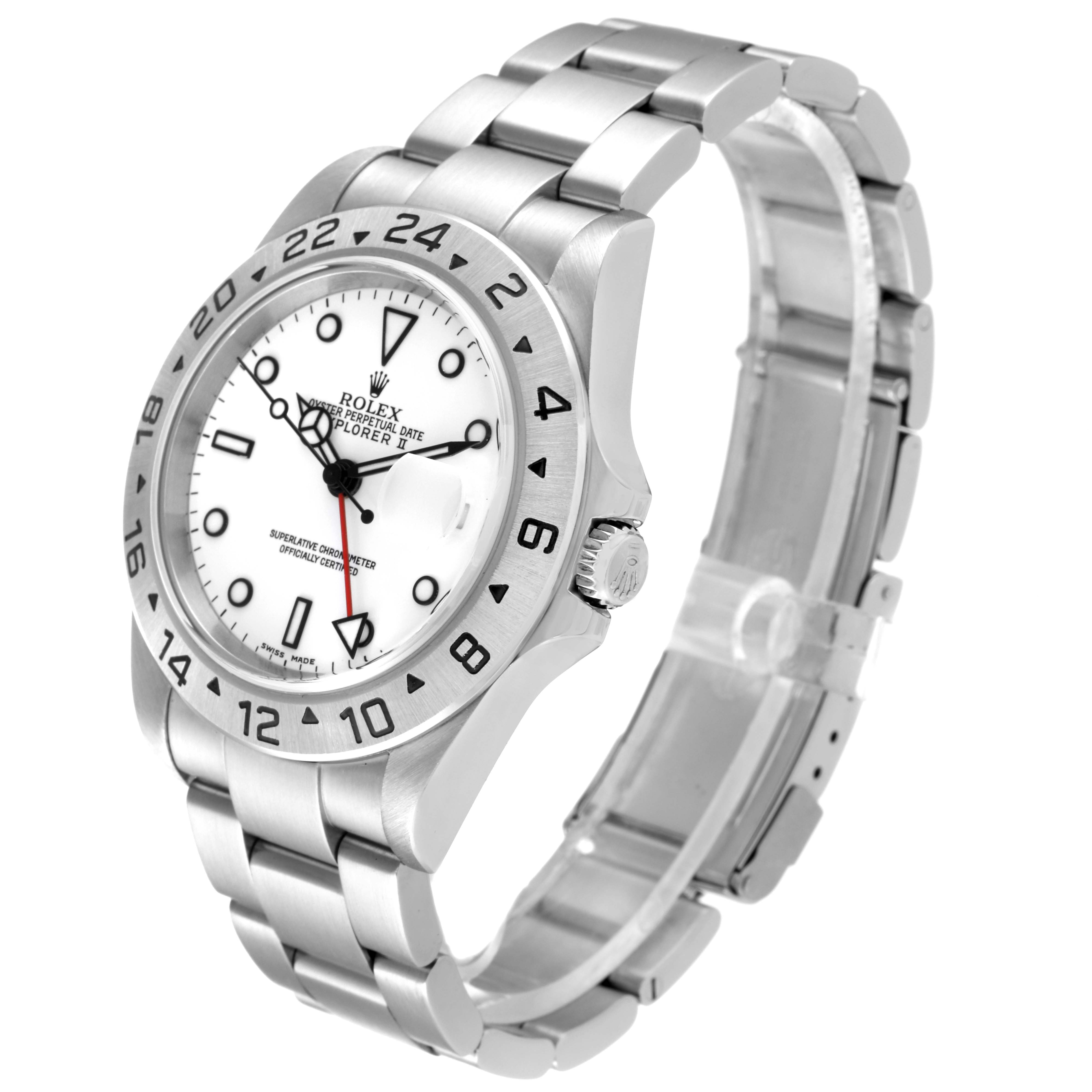 The Rolex Explorer 16570 Men
s Stainless Steel White Dial 16570 Men
s Stainless Steel White Dial watch is shown at a slight angle, displaying the face, bezel, crown, and bracelet.