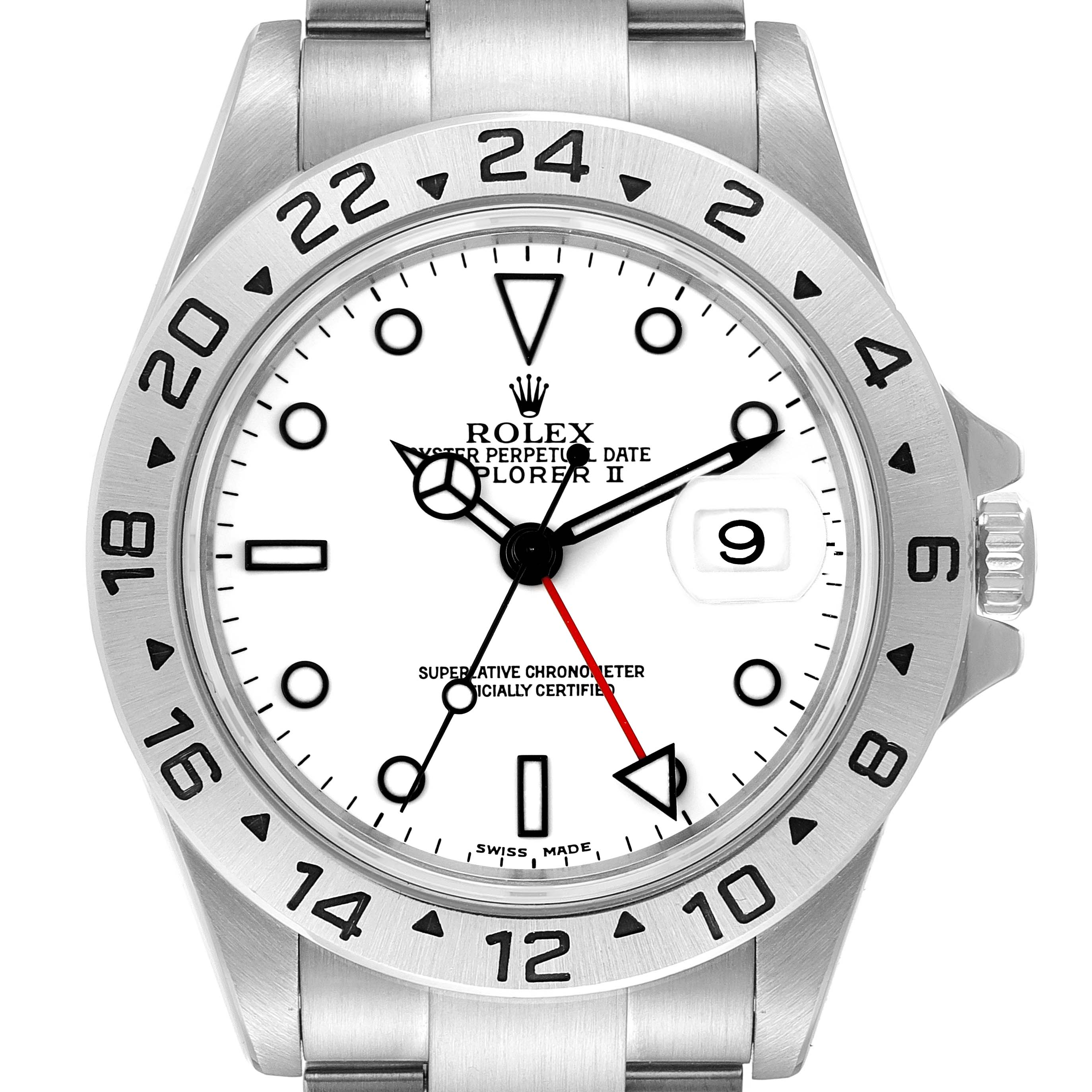The image shows a front view of the Rolex Explorer 16570 Men
s Stainless Steel White Dial 16570 Men
s Stainless Steel White Dial watch, displaying the dial, bezel, crown, and part of the bracelet.