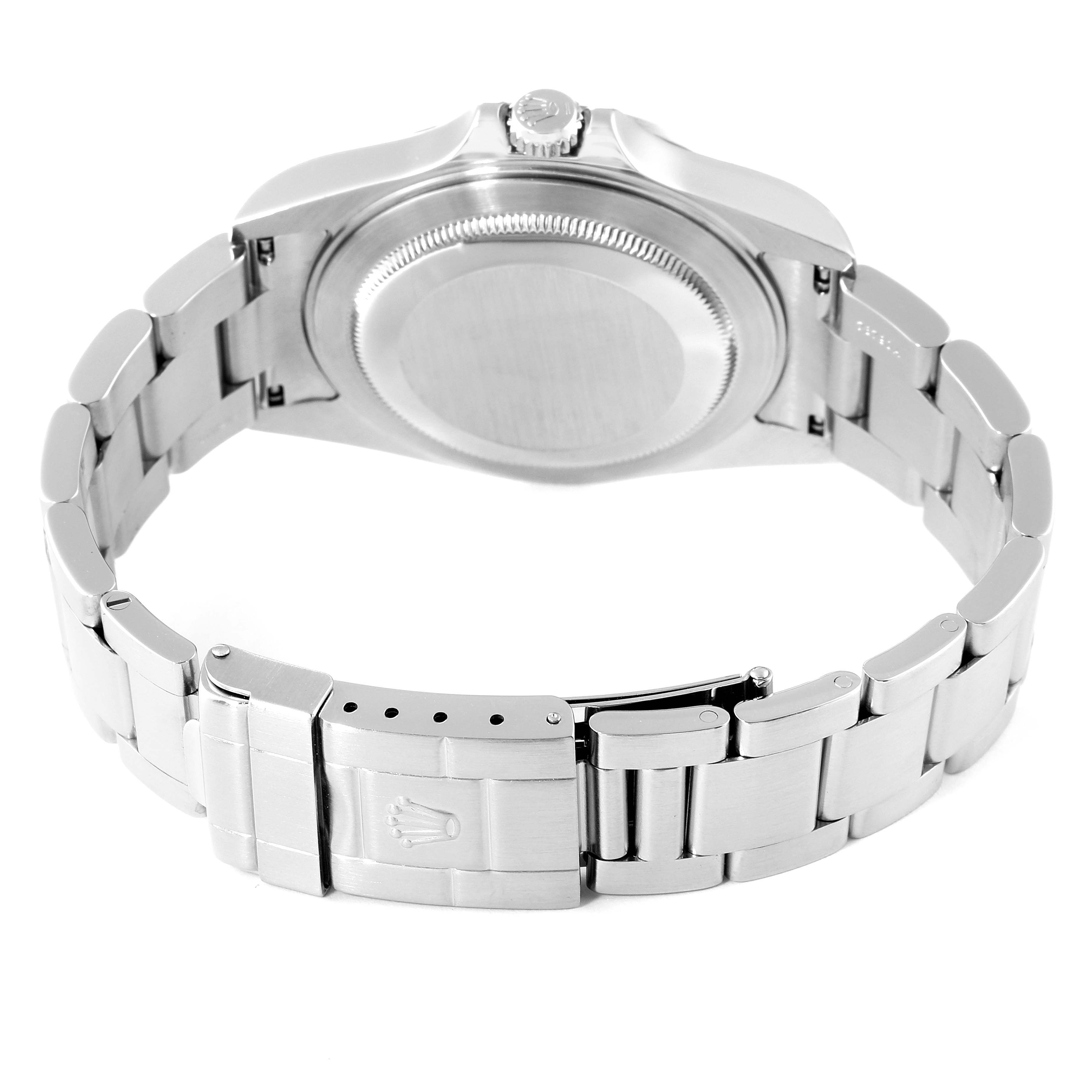 The image shows the back of the Rolex Explorer 16570 Men
s Stainless Steel White Dial 16570 Men
s Stainless Steel White Dial watch, highlighting its case back and bracelet clasp.